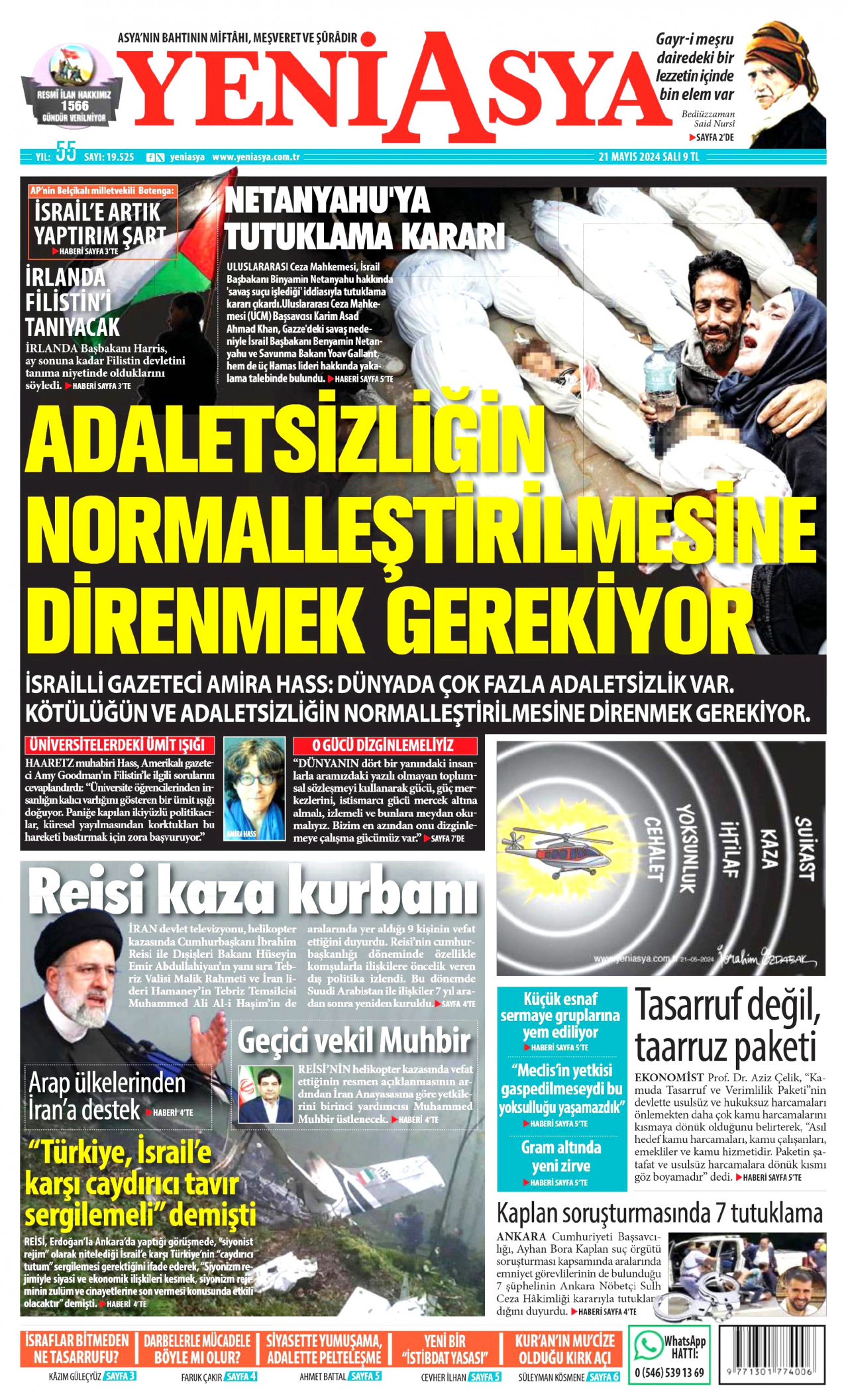YENİ ASYA gazetesinin 21 Mayıs 2024 tarihli birinci sayfası