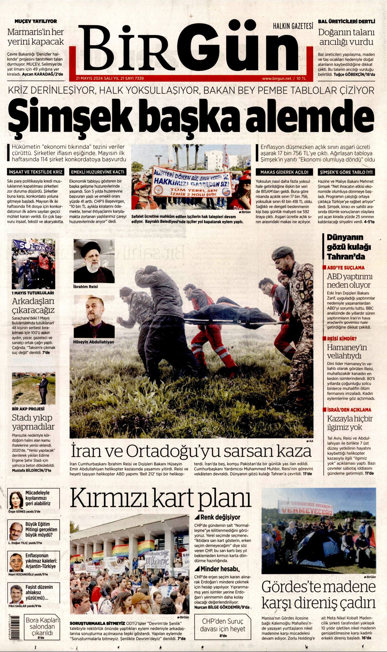 BİRGÜN gazetesinin 21 Mayıs 2024 tarihli birinci sayfası