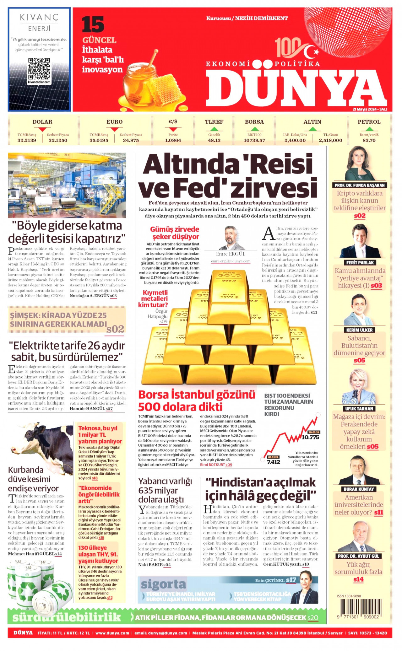 DÜNYA gazetesinin 21 Mayıs 2024 tarihli birinci sayfası