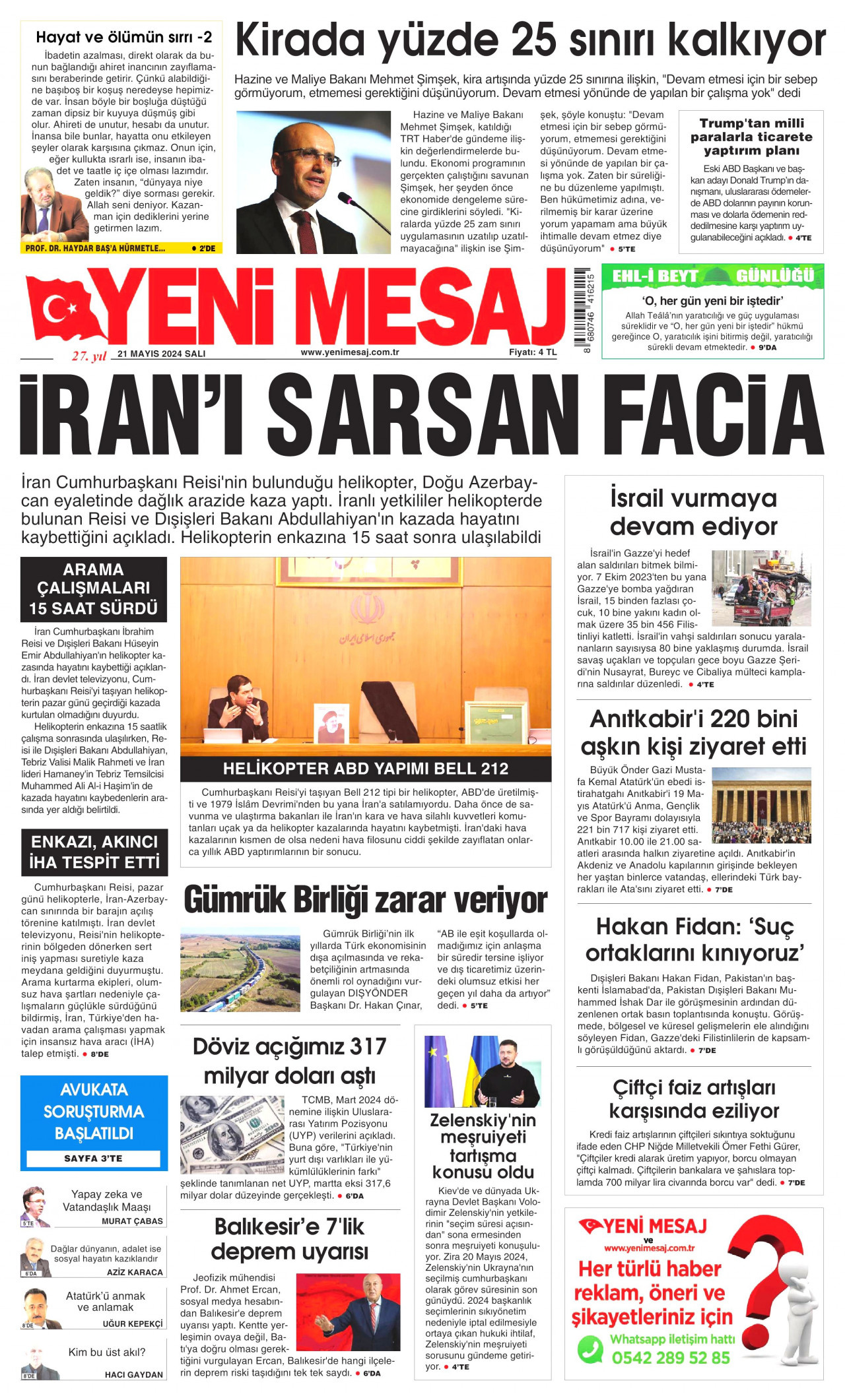 YENİ MESAJ gazetesinin 21 Mayıs 2024 tarihli birinci sayfası