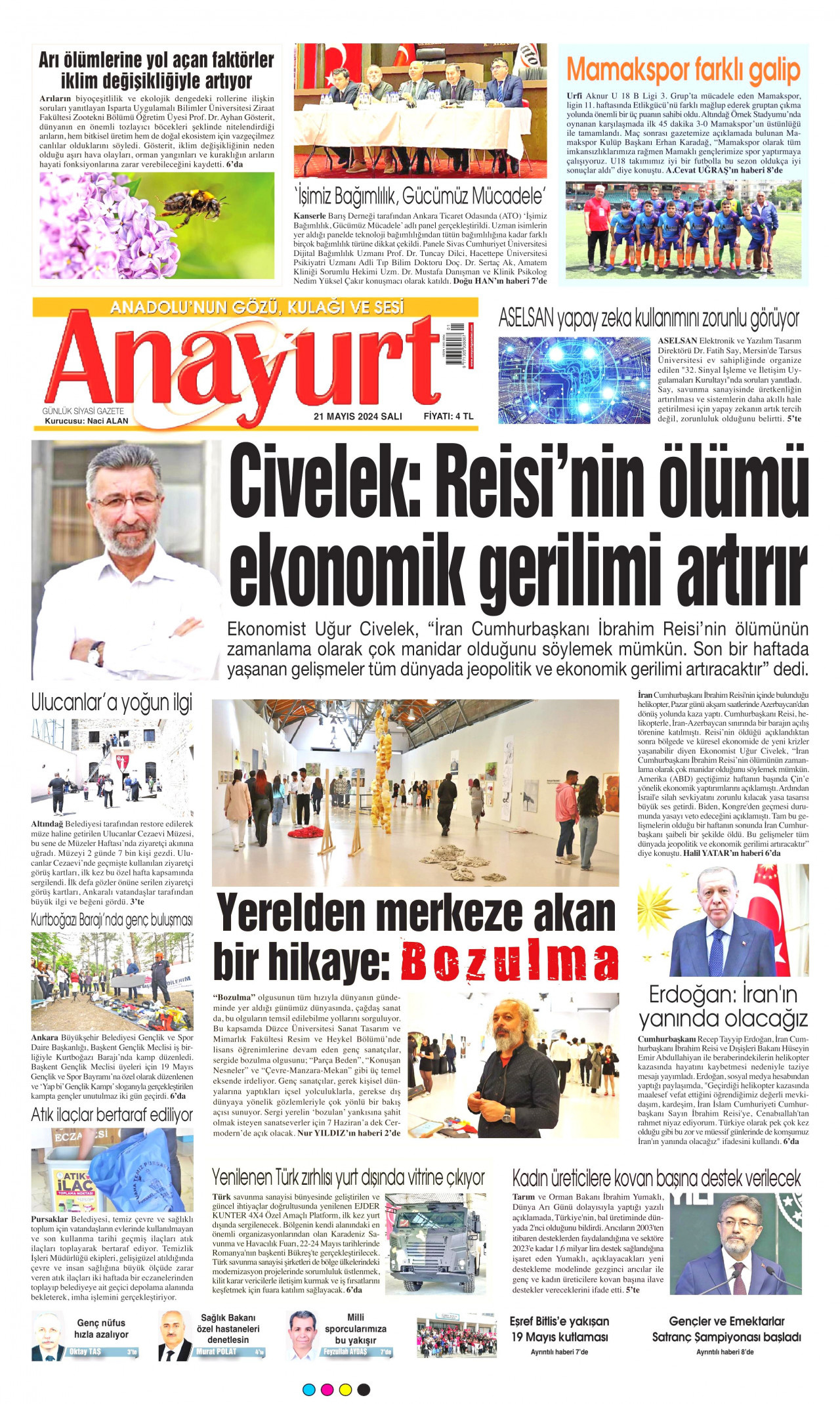 ANAYURT gazetesinin 21 Mayıs 2024 tarihli birinci sayfası