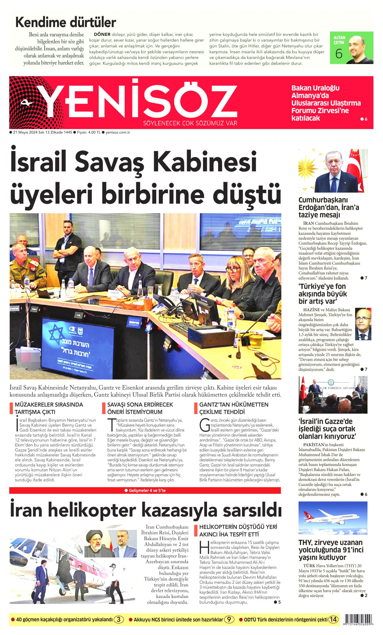 YENİ SÖZ GAZETESİ gazetesinin 21 Mayıs 2024 tarihli birinci sayfası