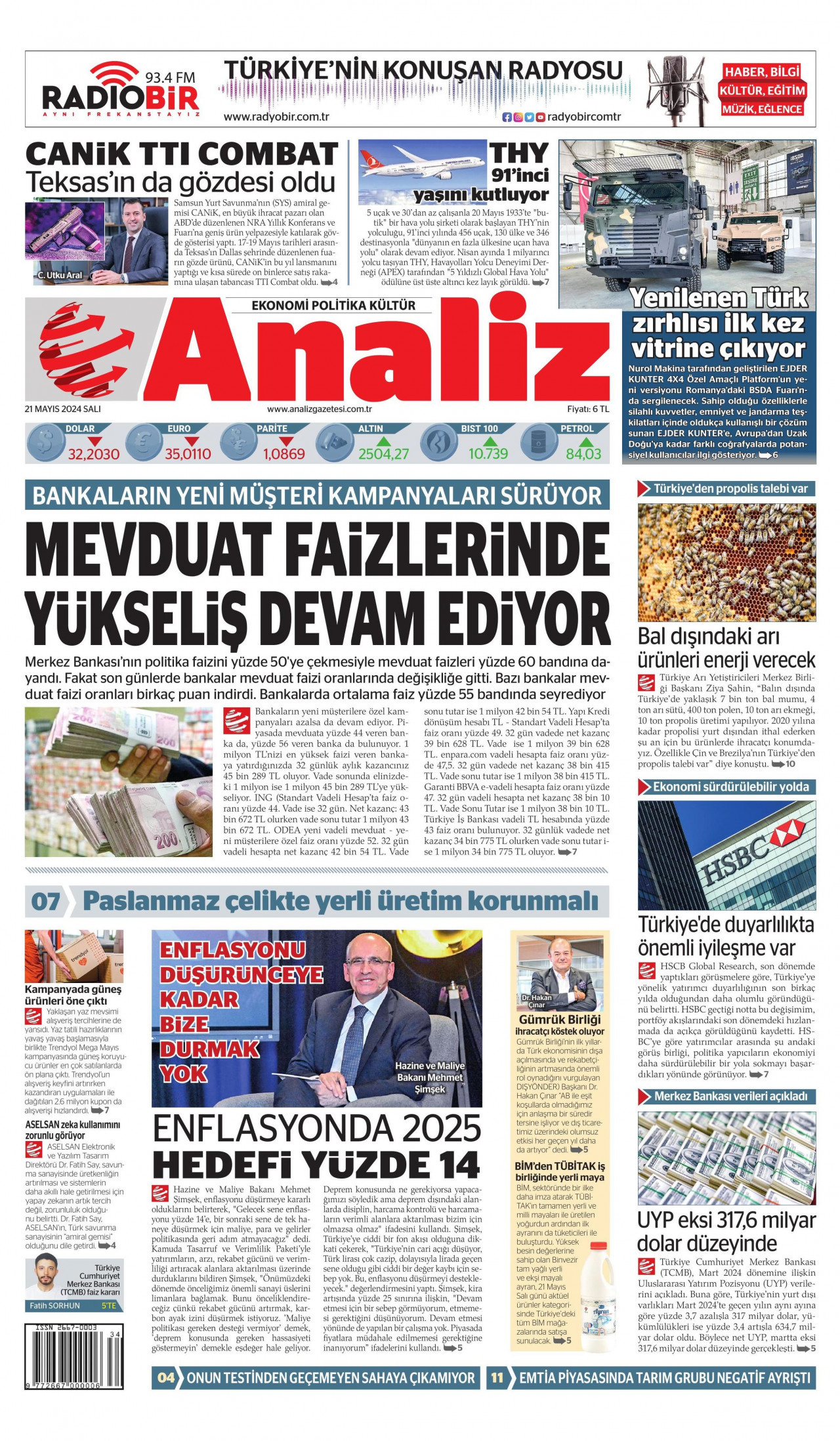 ANALİZ gazetesinin 21 Mayıs 2024 tarihli birinci sayfası
