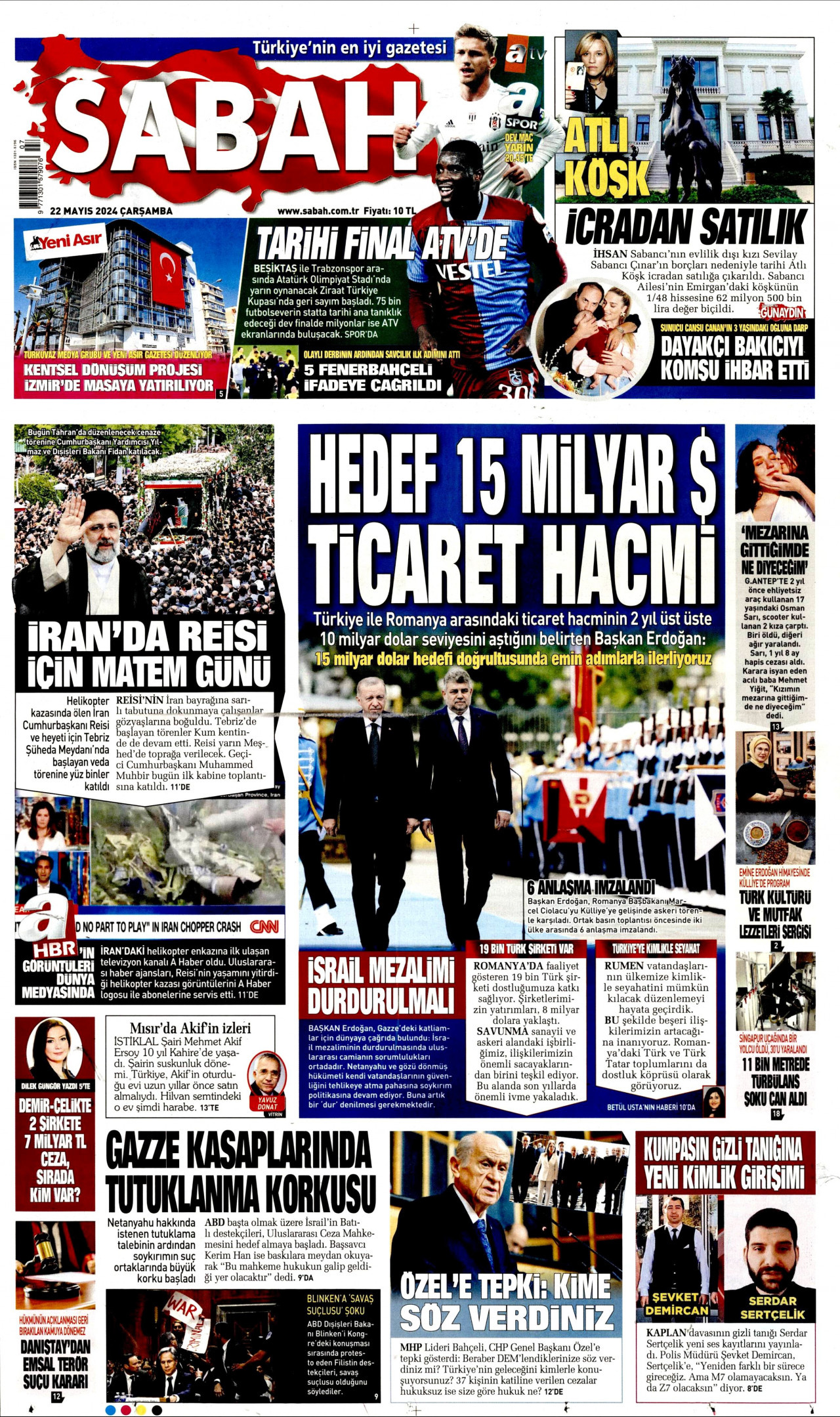 SABAH gazetesinin 22 Mayıs 2024 tarihli birinci sayfası