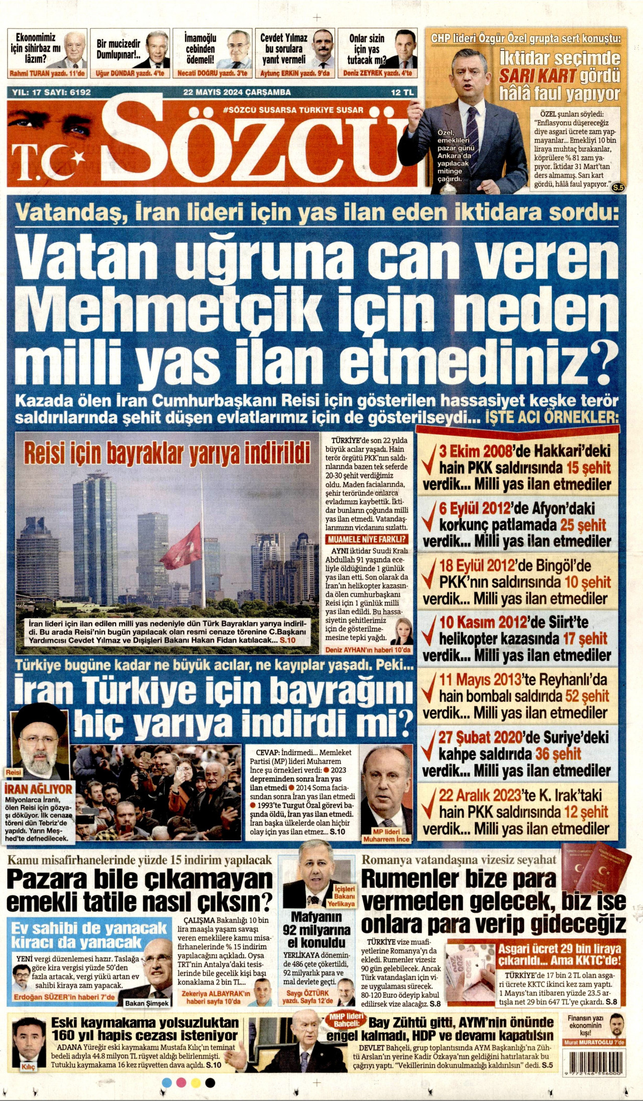 SÖZCÜ gazetesinin 22 Mayıs 2024 tarihli birinci sayfası