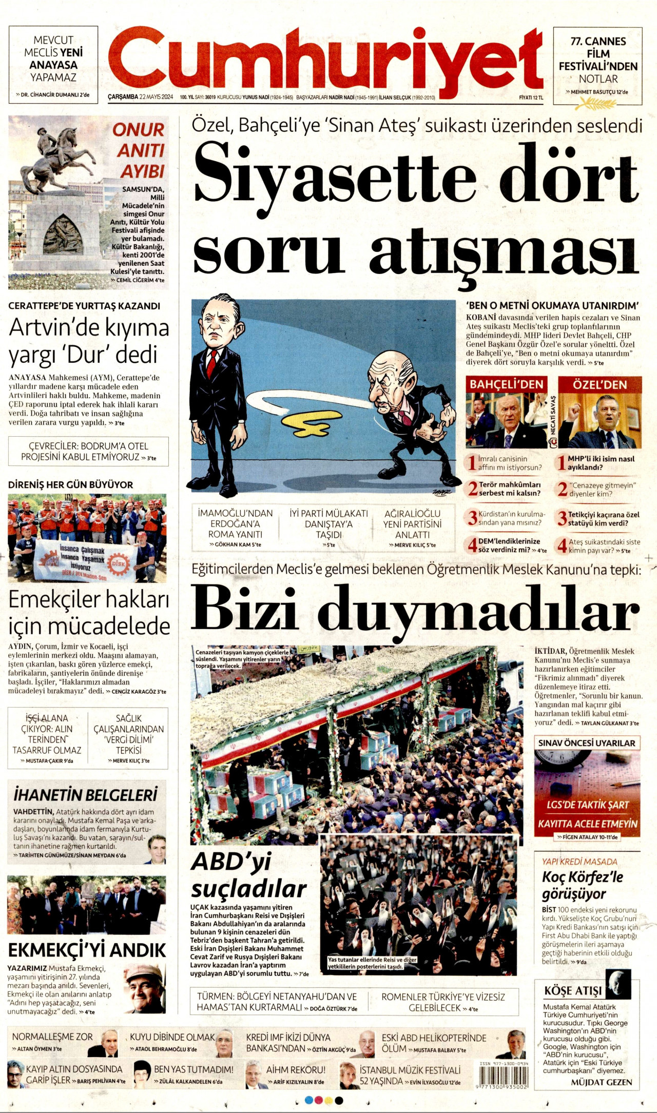 CUMHURİYET gazetesinin 22 Mayıs 2024 tarihli birinci sayfası