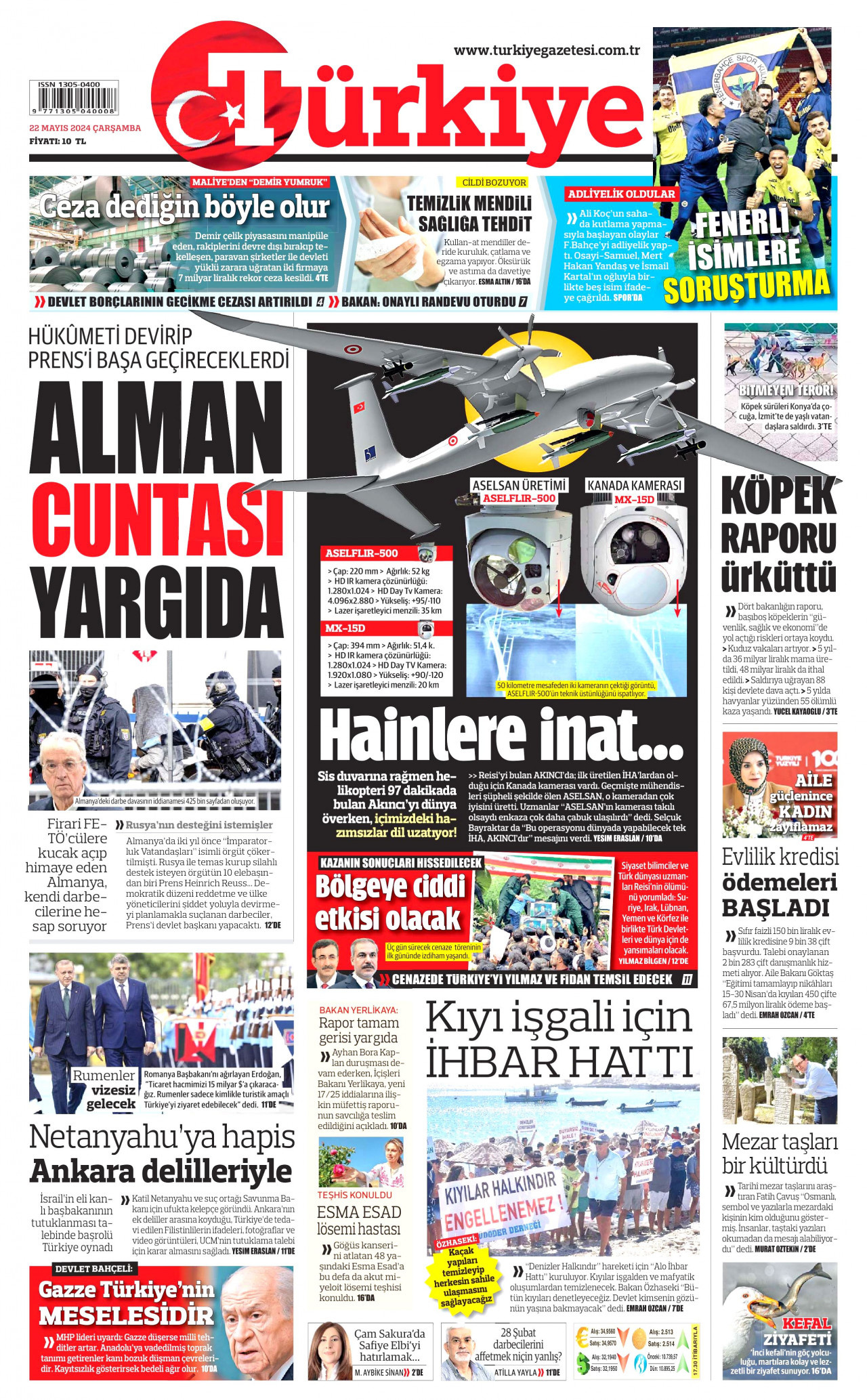 TÜRKİYE GAZETESİ gazetesinin 22 Mayıs 2024 tarihli birinci sayfası