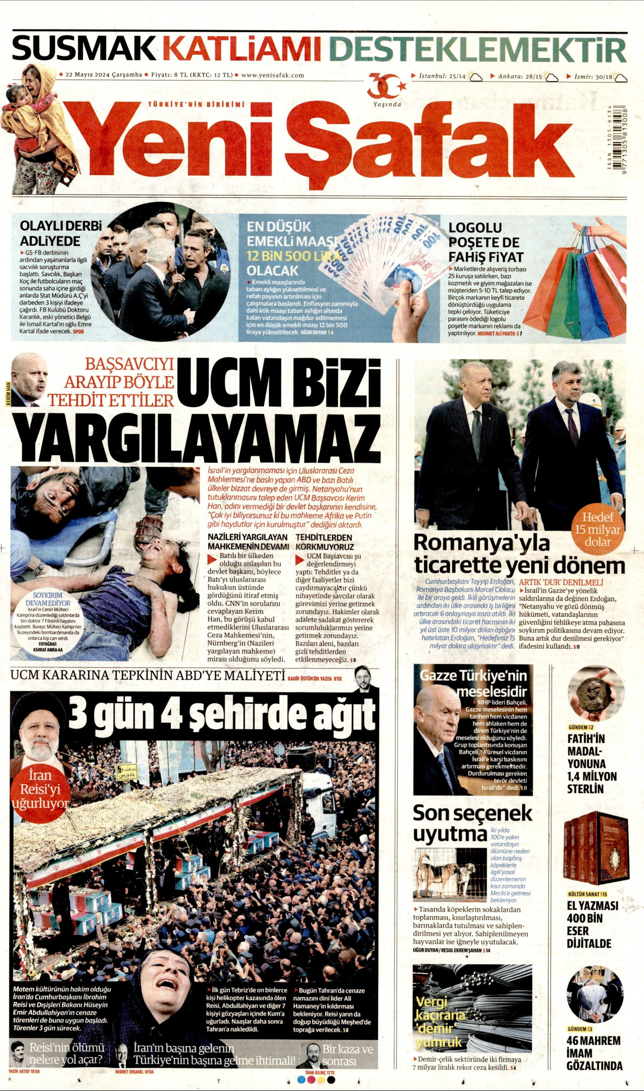 YENİ ŞAFAK gazetesinin 22 Mayıs 2024 tarihli birinci sayfası