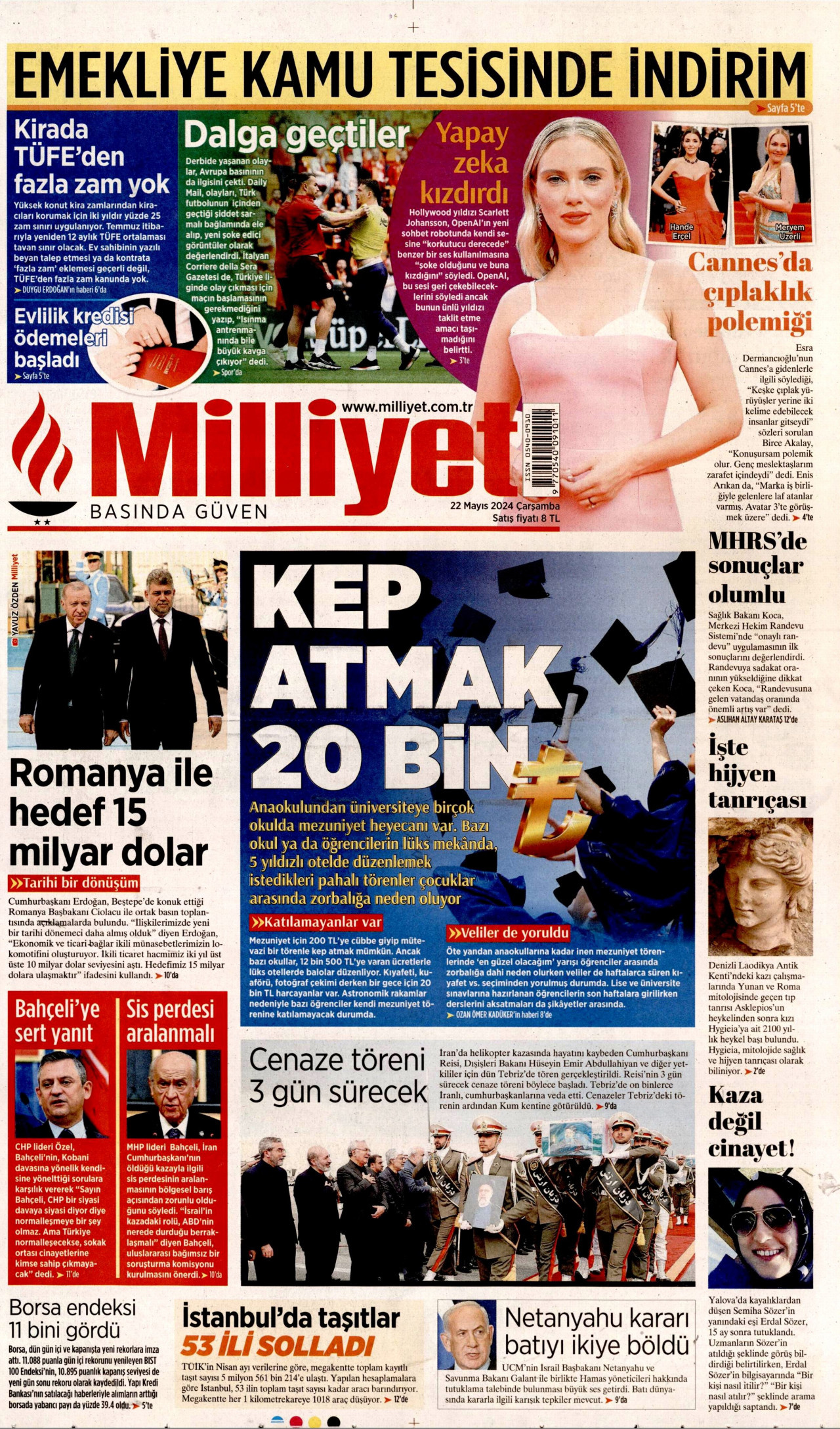 MİLLİYET gazetesinin 22 Mayıs 2024 tarihli birinci sayfası