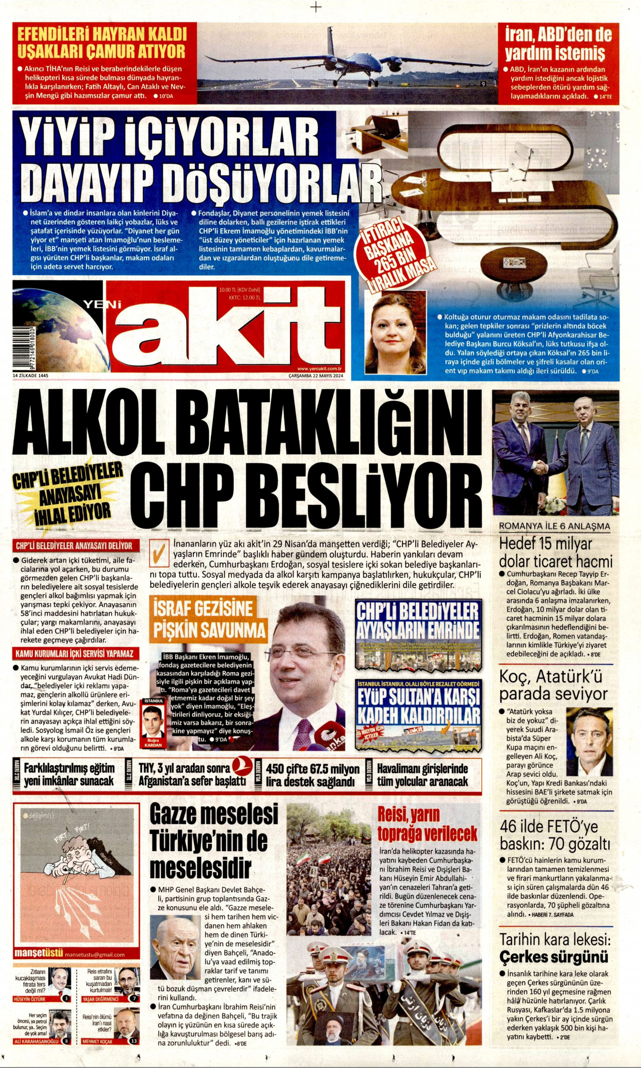 YENİ AKİT gazetesinin 22 Mayıs 2024 tarihli birinci sayfası