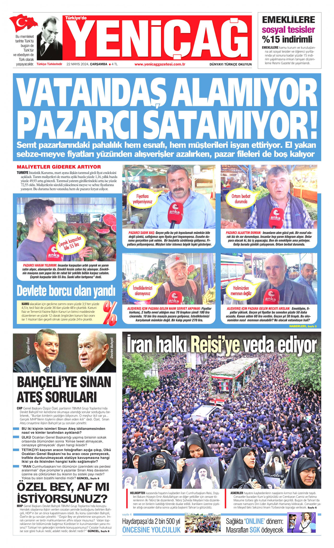 YENİÇAĞ gazetesinin 22 Mayıs 2024 tarihli birinci sayfası