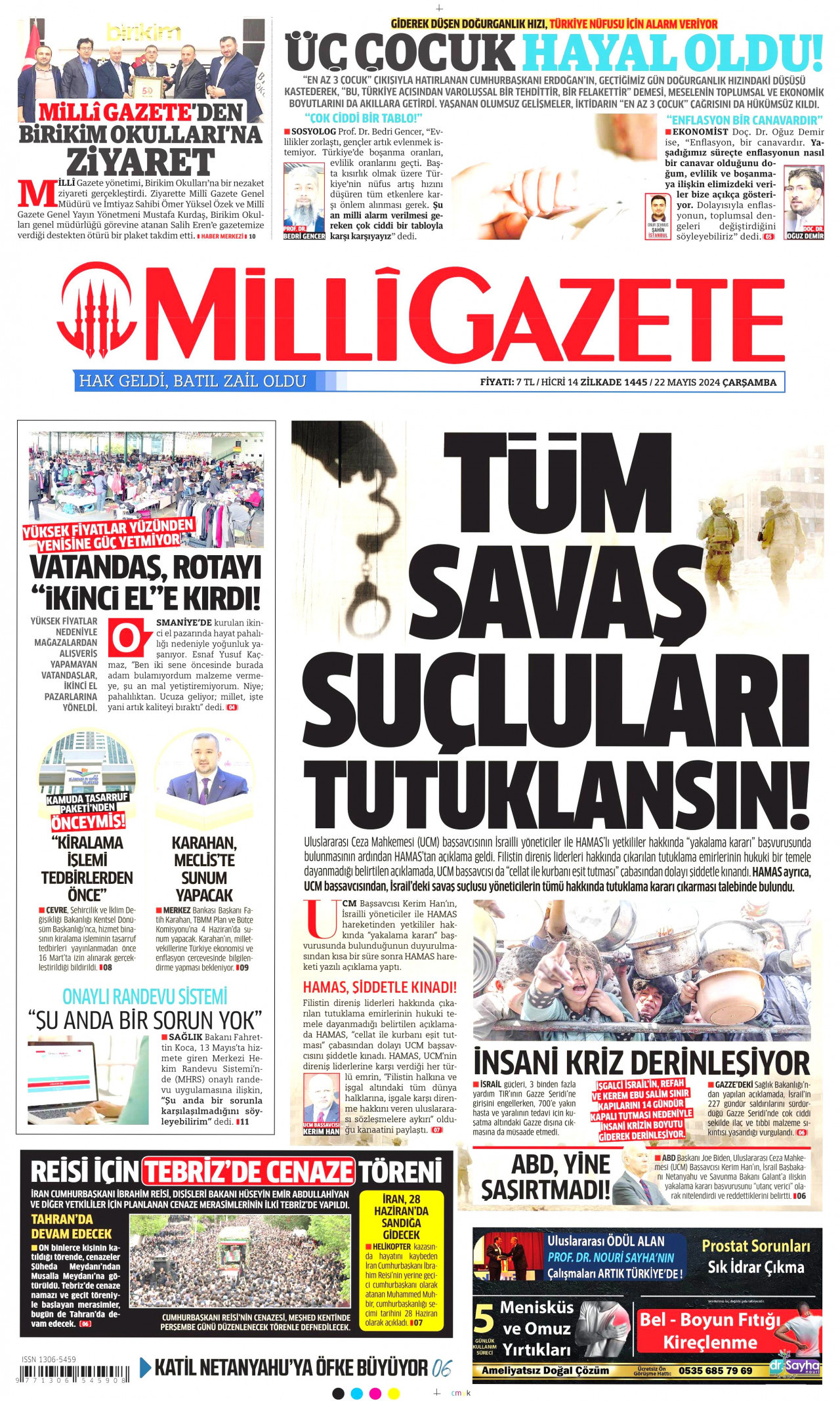 MİLLİ GAZETE gazetesinin 22 Mayıs 2024 tarihli birinci sayfası