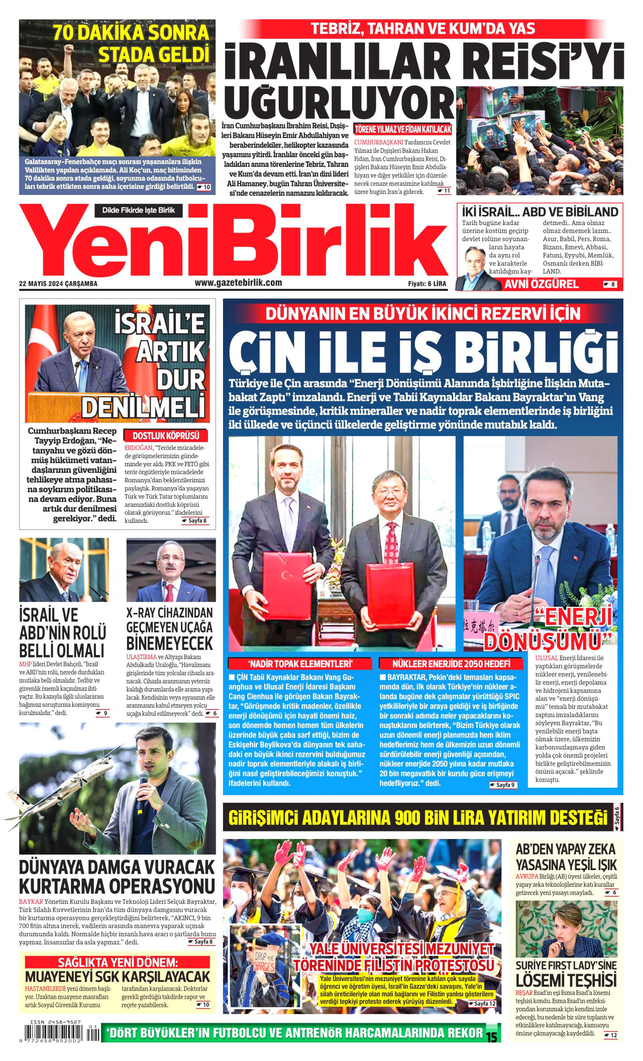 YENİBİRLİK gazetesinin 22 Mayıs 2024 tarihli birinci sayfası