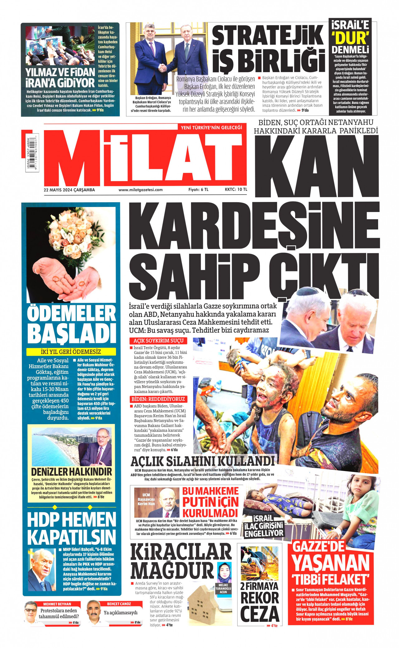 MİLAT gazetesinin 22 Mayıs 2024 tarihli birinci sayfası