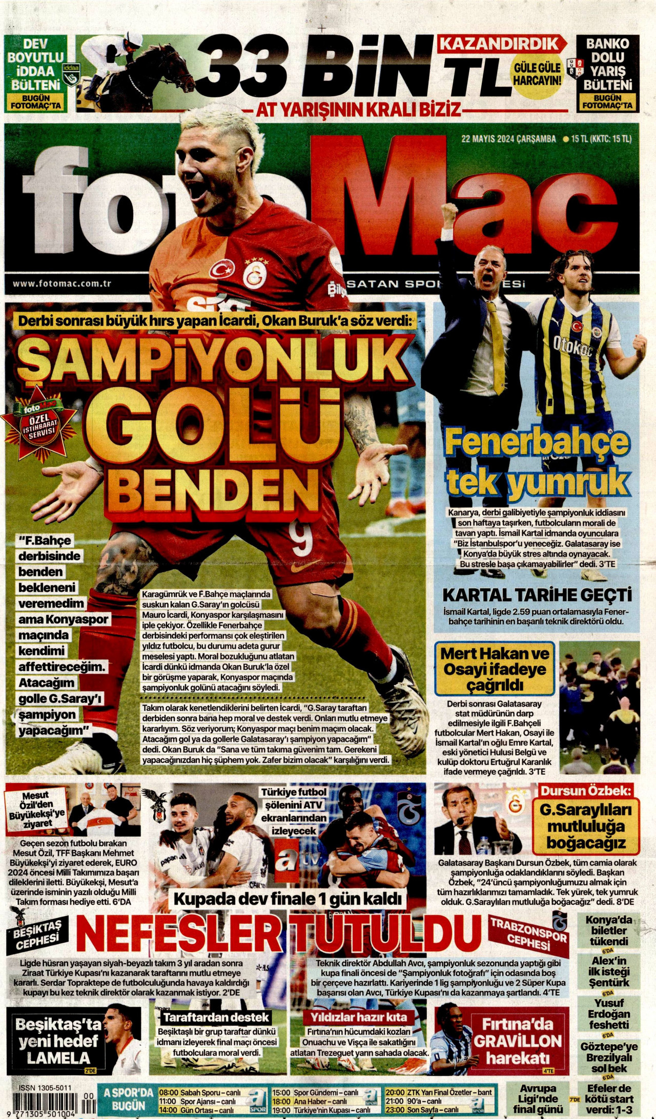 FOTOMAÇ gazetesinin 22 Mayıs 2024 tarihli birinci sayfası