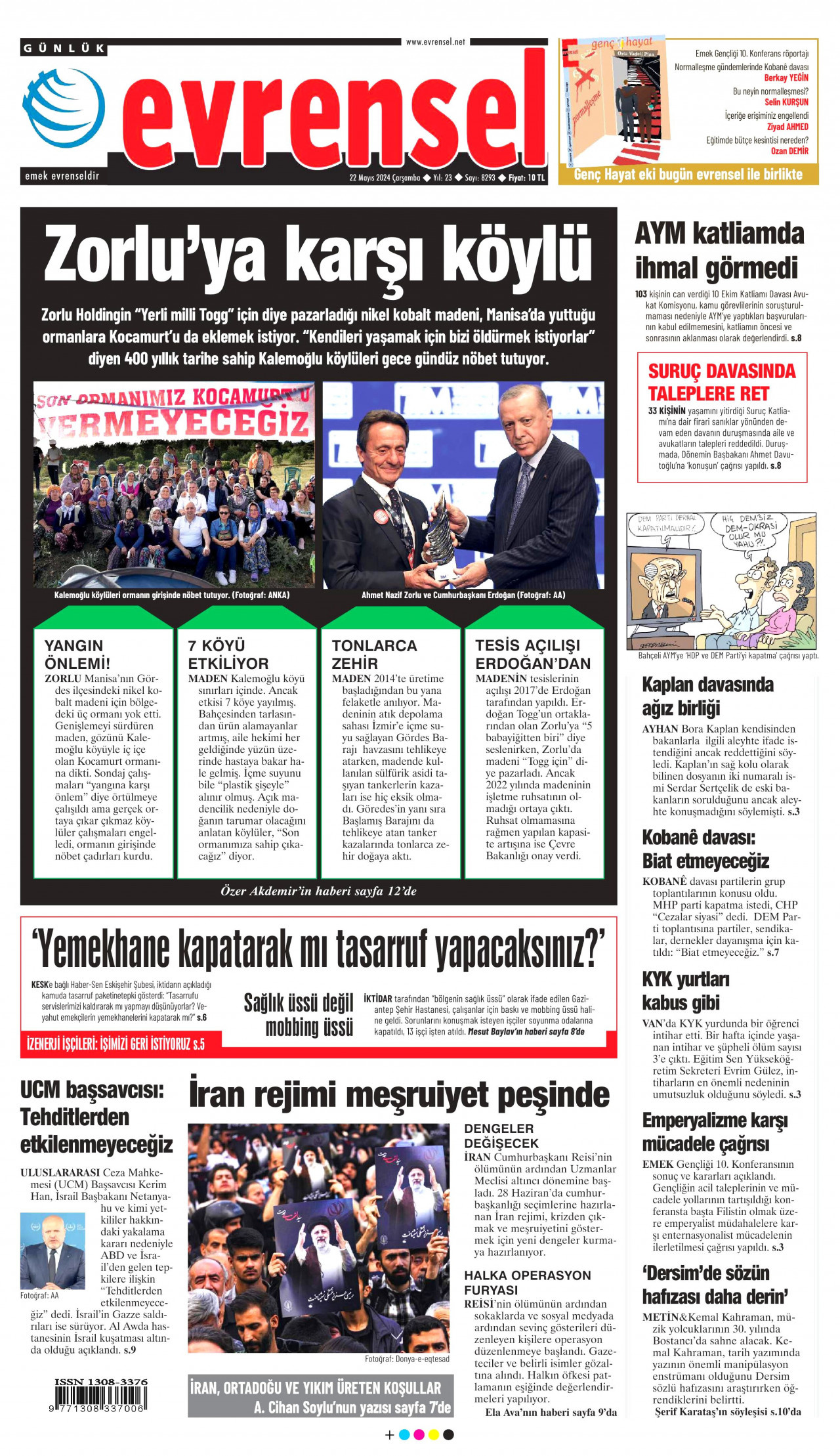 EVRENSEL gazetesinin 22 Mayıs 2024 tarihli birinci sayfası