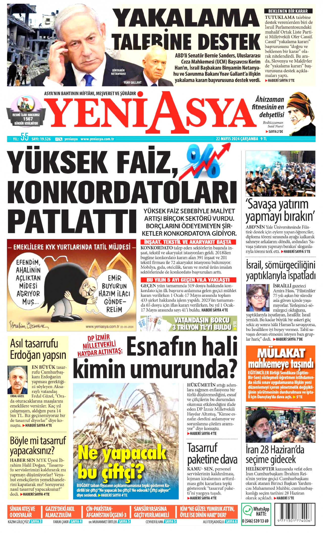 YENİ ASYA gazetesinin 22 Mayıs 2024 tarihli birinci sayfası