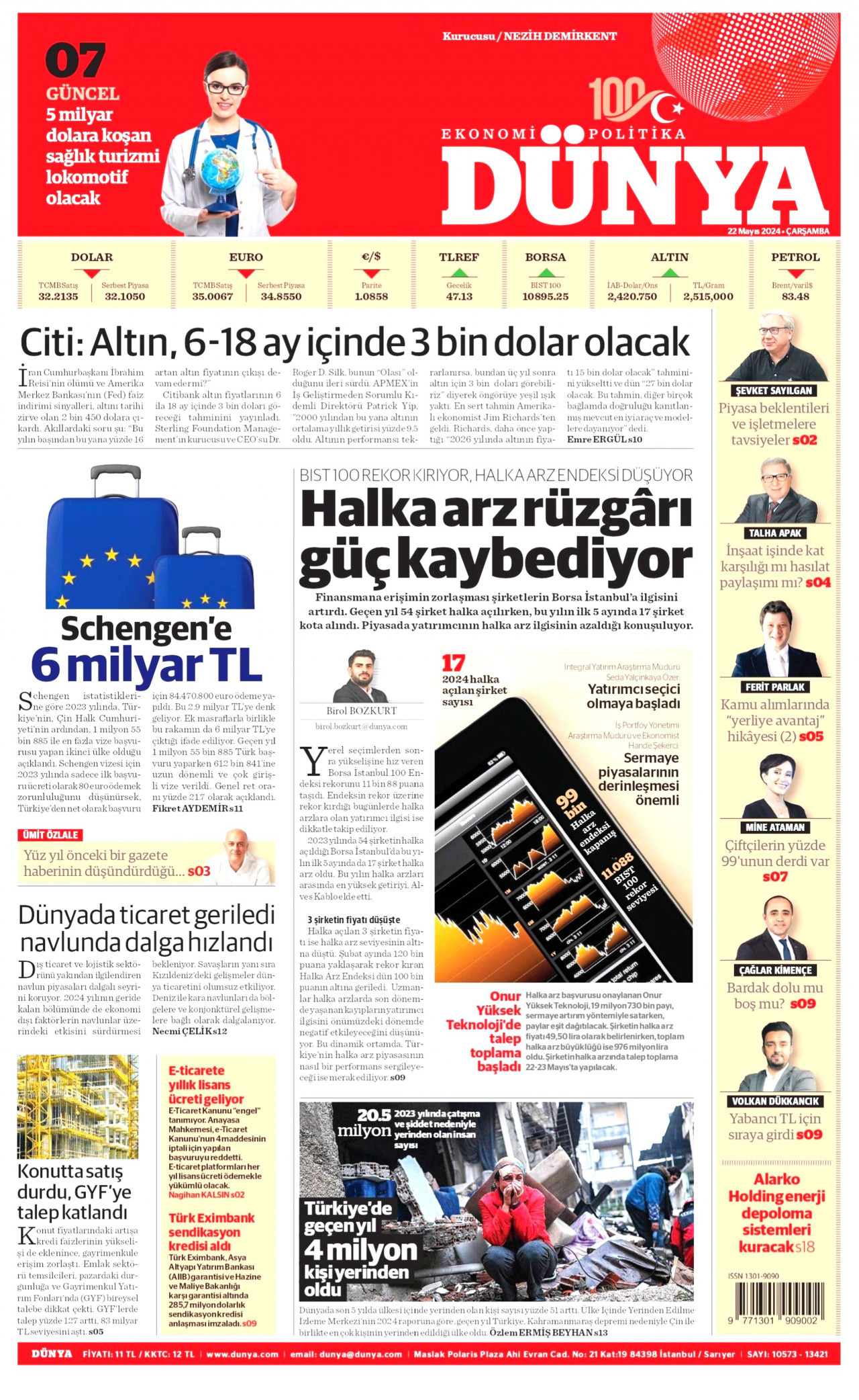 DÜNYA gazetesinin 22 Mayıs 2024 tarihli birinci sayfası