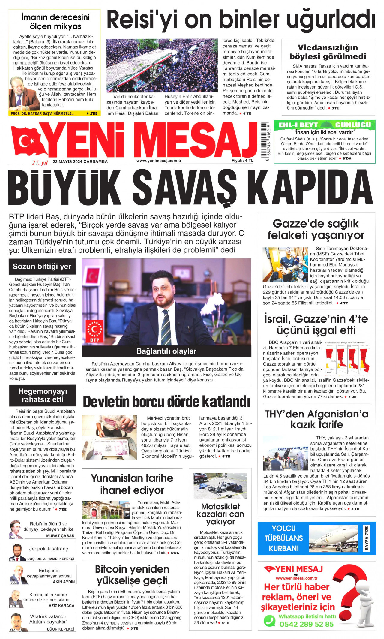 YENİ MESAJ gazetesinin 22 Mayıs 2024 tarihli birinci sayfası