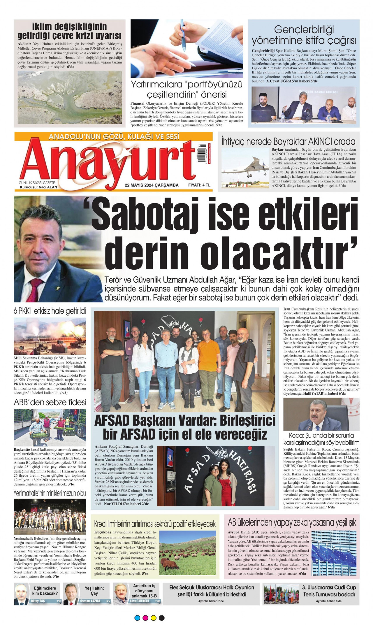 ANAYURT gazetesinin 22 Mayıs 2024 tarihli birinci sayfası