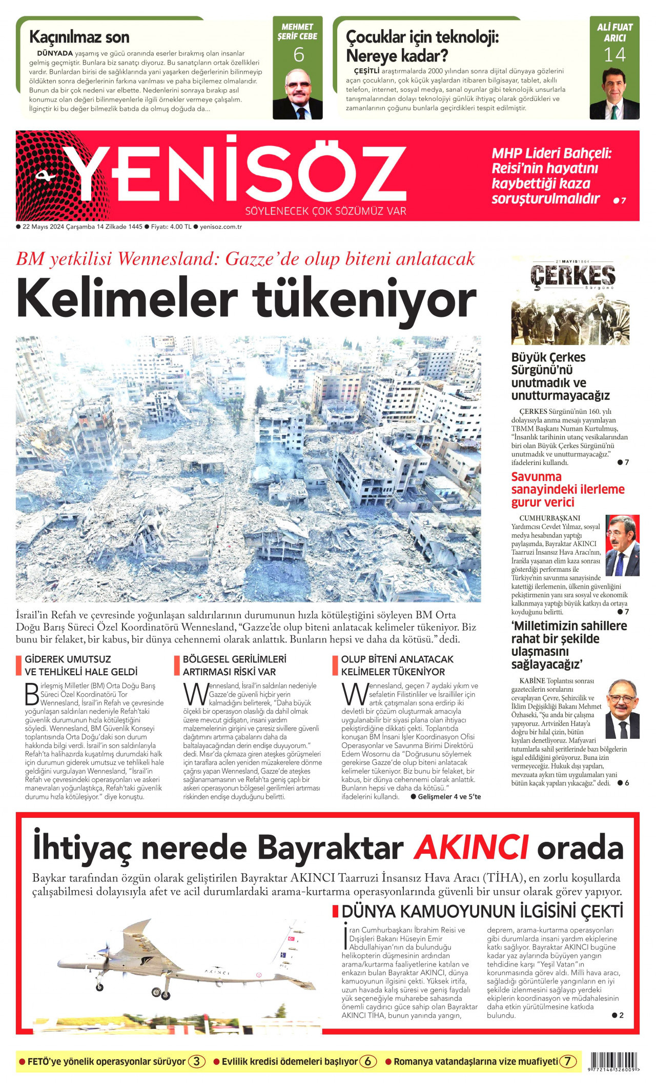 YENİ SÖZ GAZETESİ gazetesinin 22 Mayıs 2024 tarihli birinci sayfası