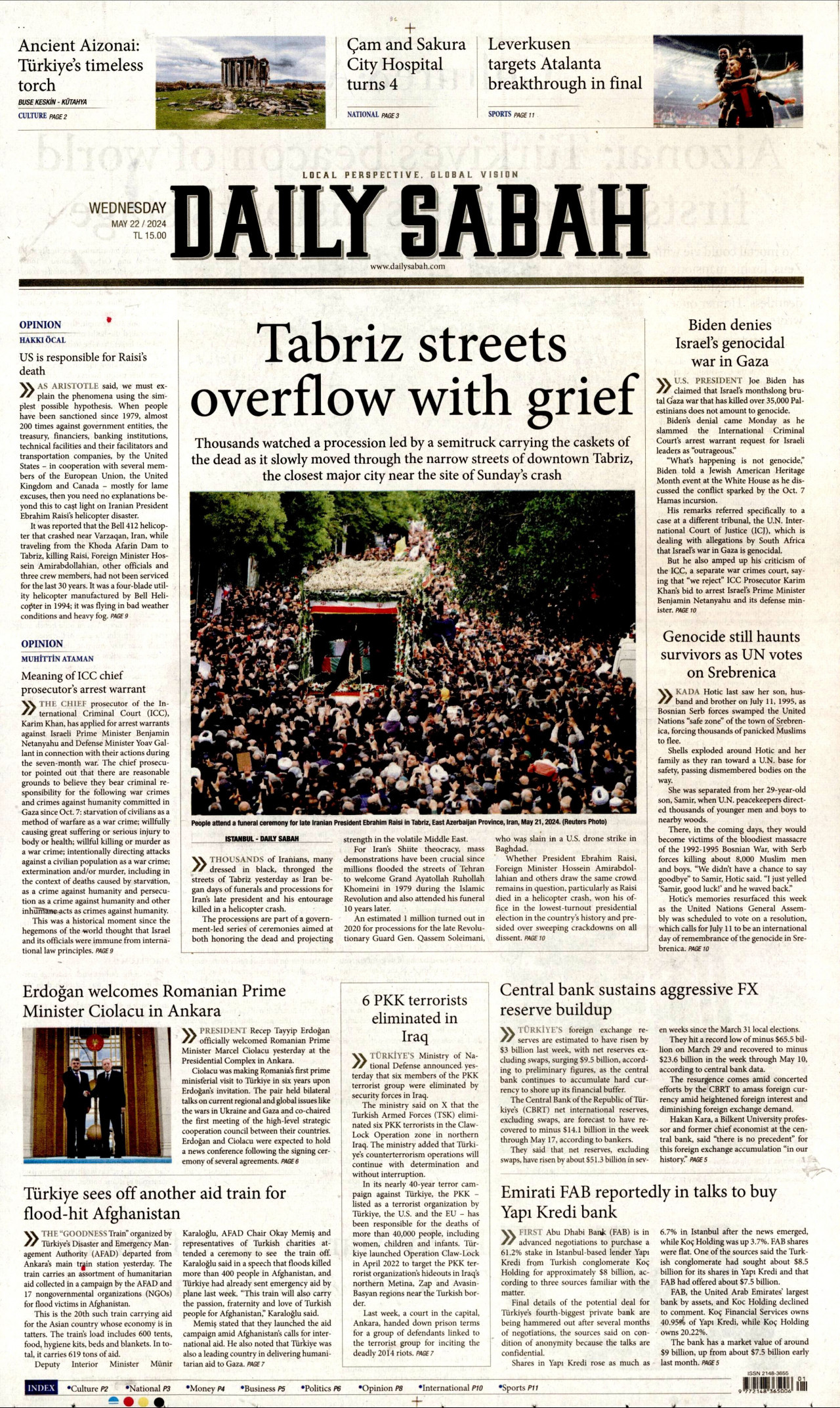 DAİLY SABAH gazetesinin 22 Mayıs 2024 tarihli birinci sayfası