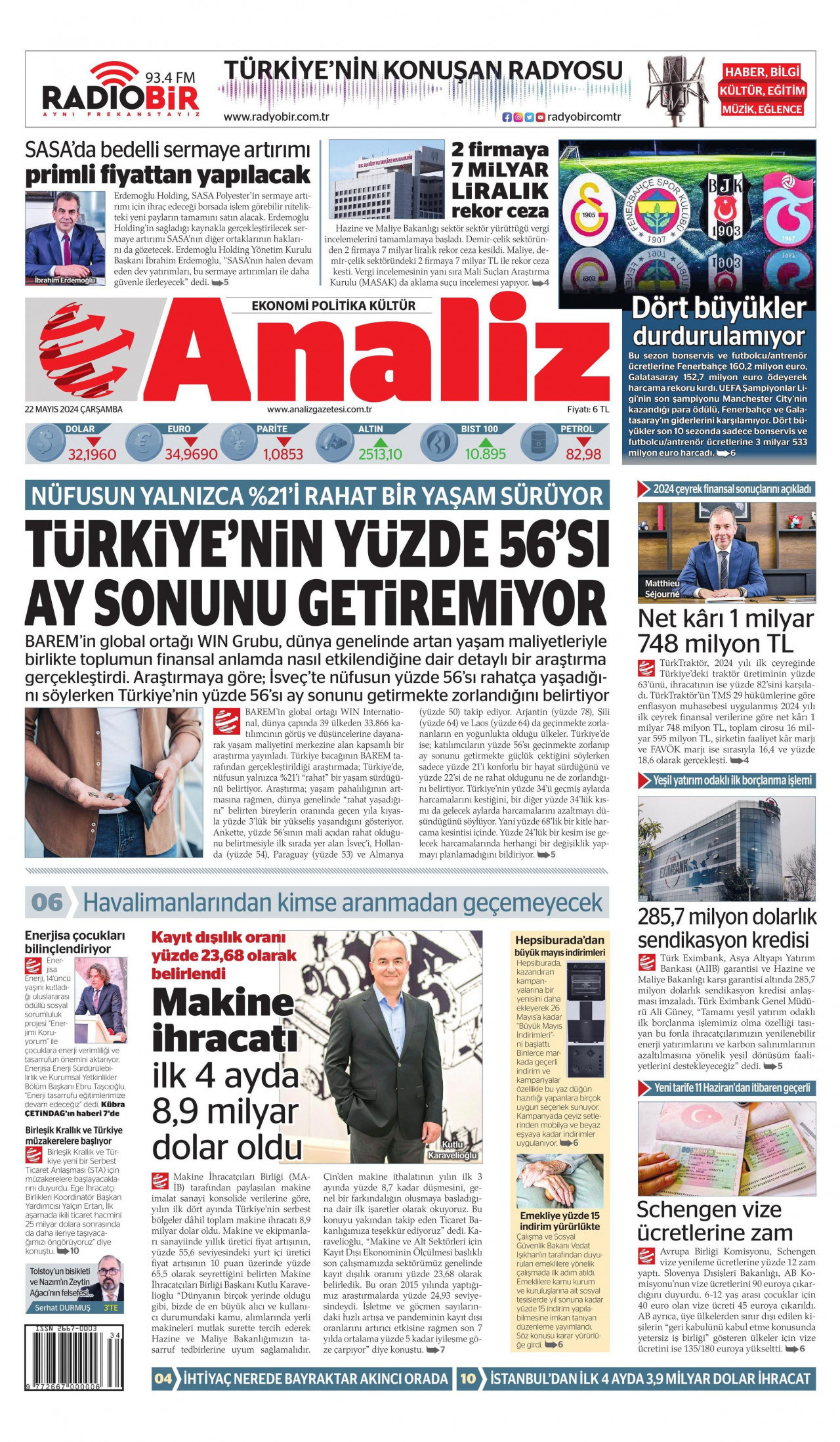 ANALİZ gazetesinin 22 Mayıs 2024 tarihli birinci sayfası