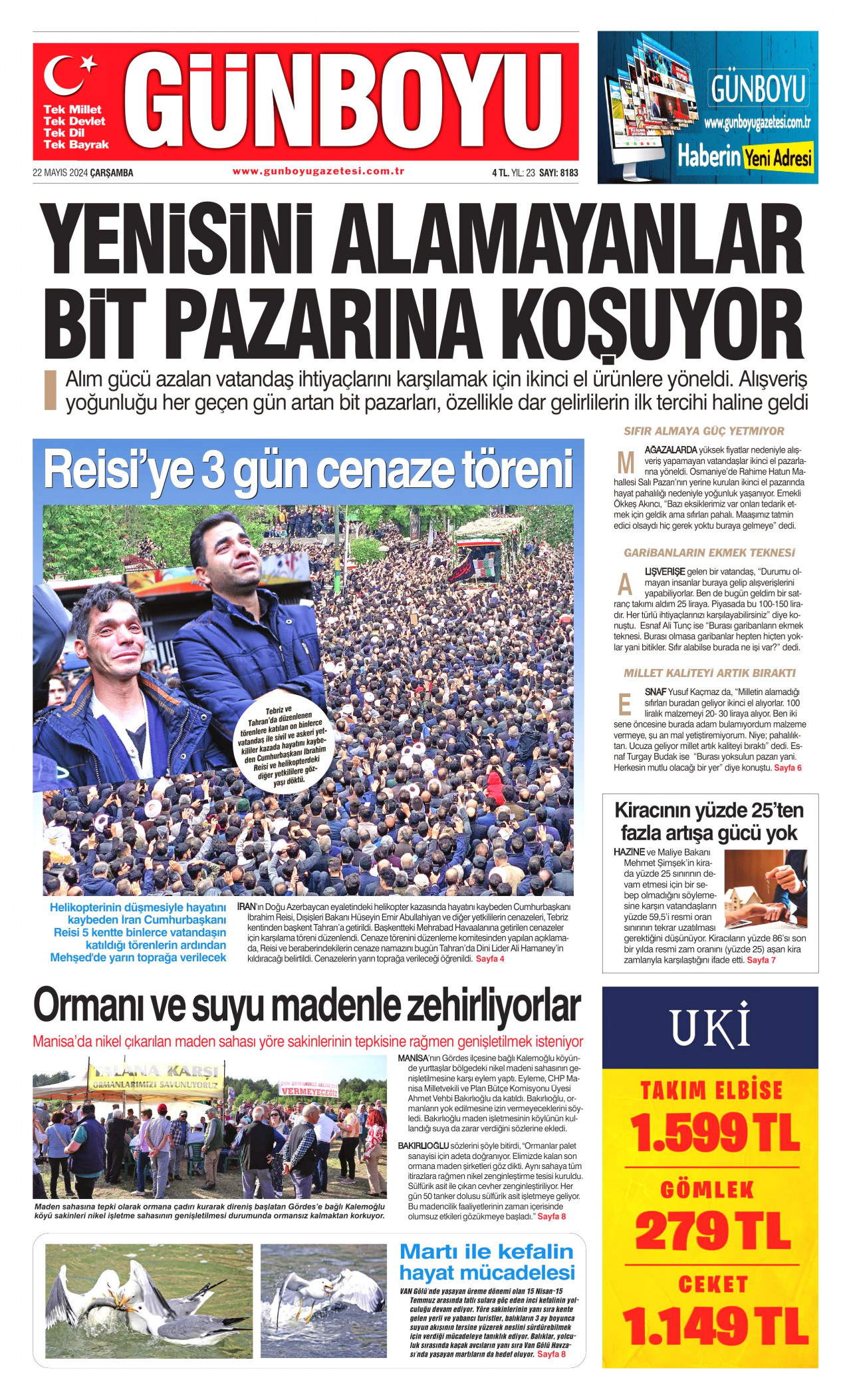 GÜNBOYU gazetesinin 22 Mayıs 2024 tarihli birinci sayfası
