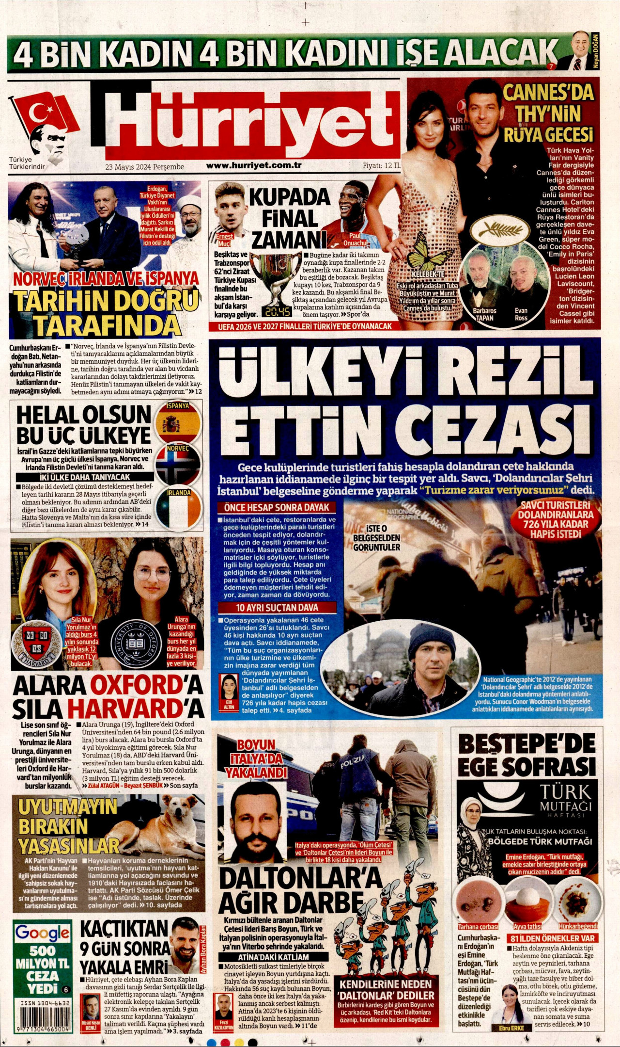 HÜRRİYET gazetesinin 23 Mayıs 2024 tarihli birinci sayfası