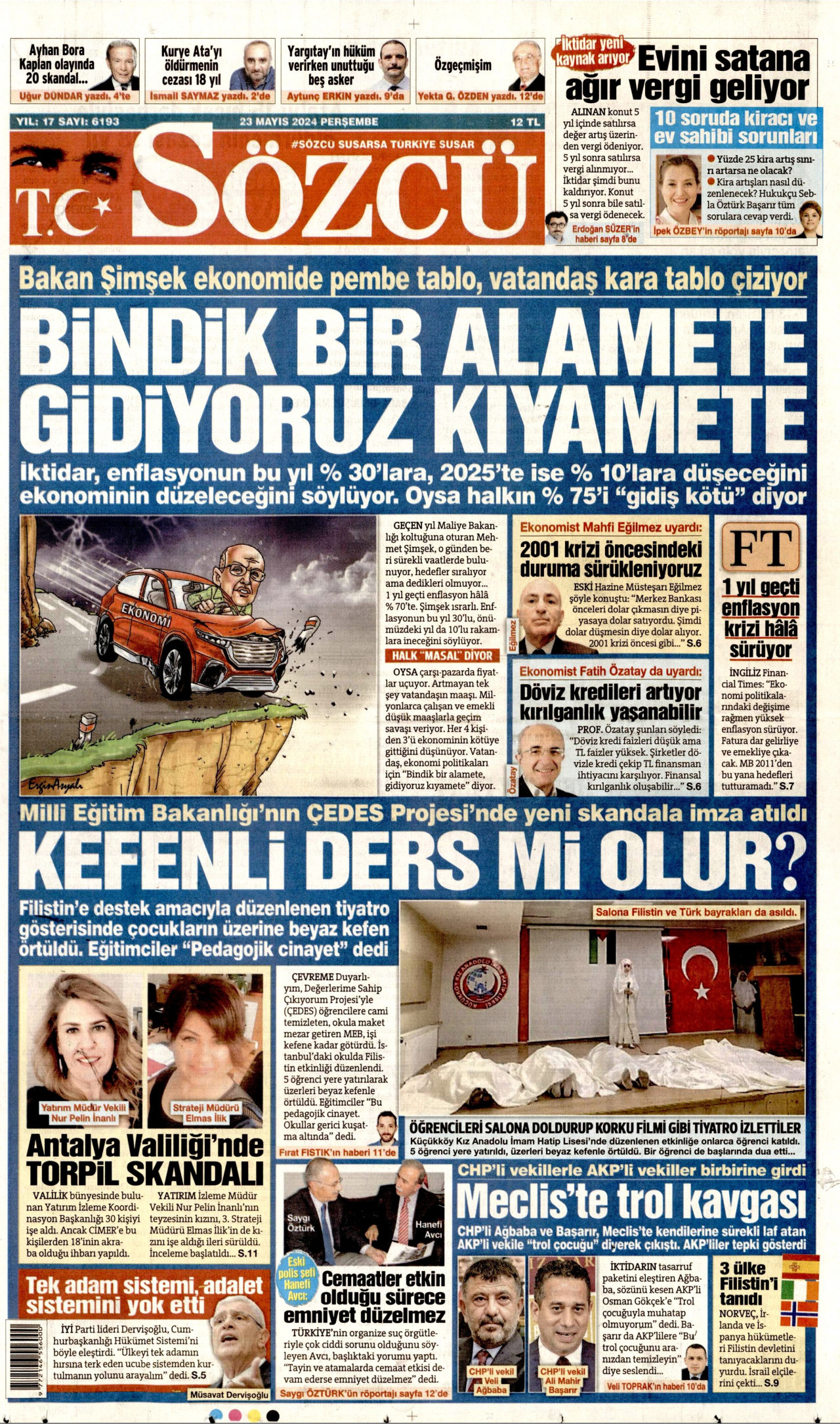 SÖZCÜ gazetesinin 23 Mayıs 2024 tarihli birinci sayfası