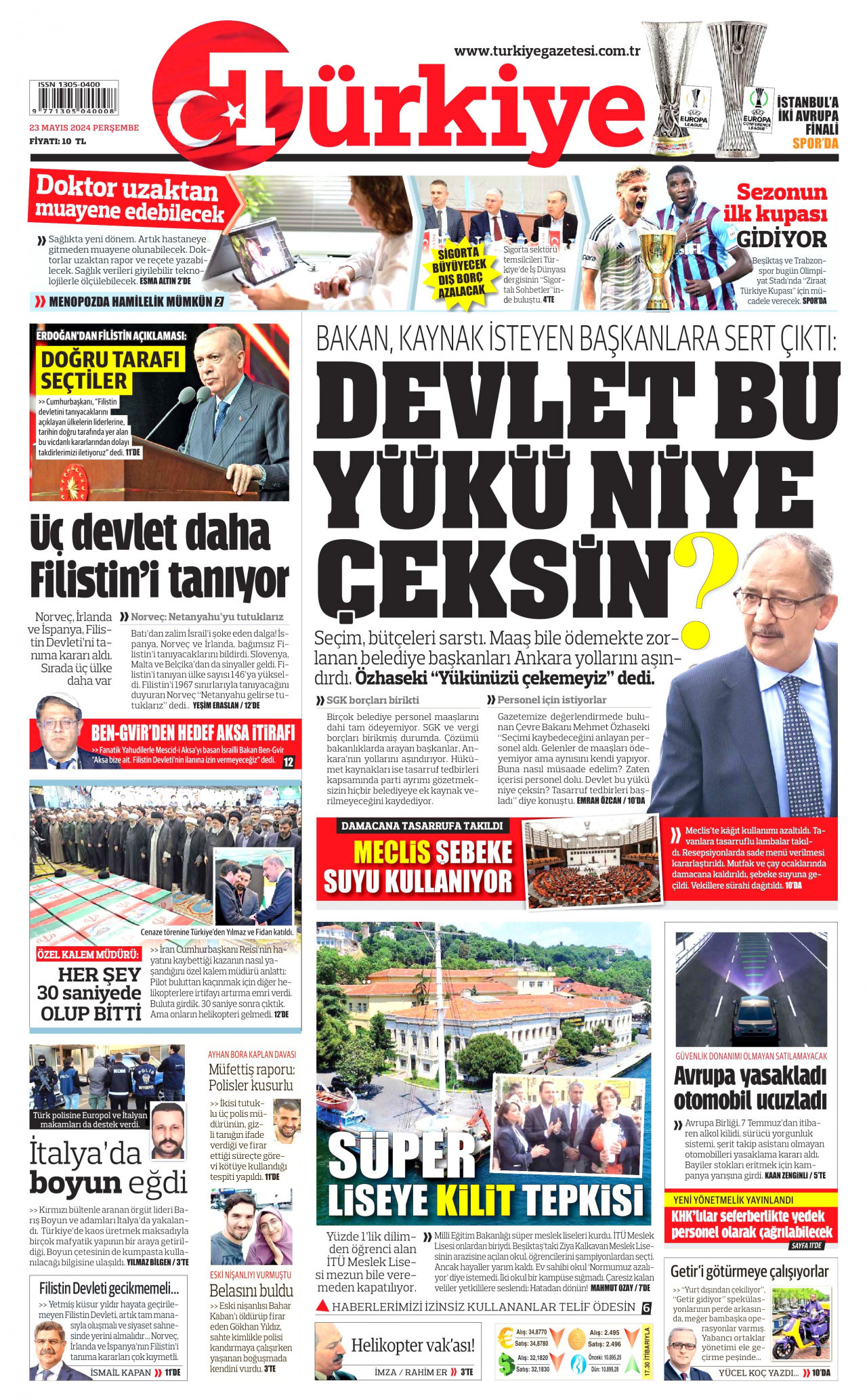 TÜRKİYE GAZETESİ gazetesinin 23 Mayıs 2024 tarihli birinci sayfası