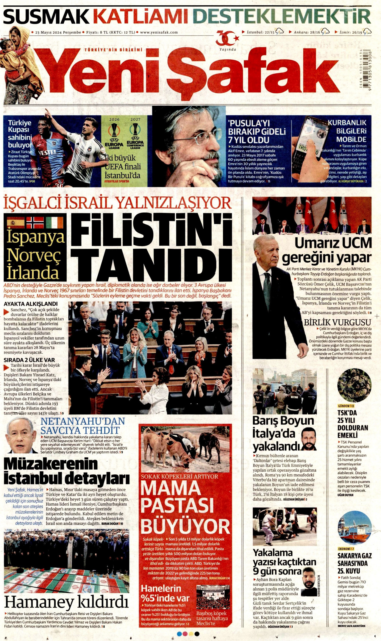 YENİ ŞAFAK gazetesinin 23 Mayıs 2024 tarihli birinci sayfası