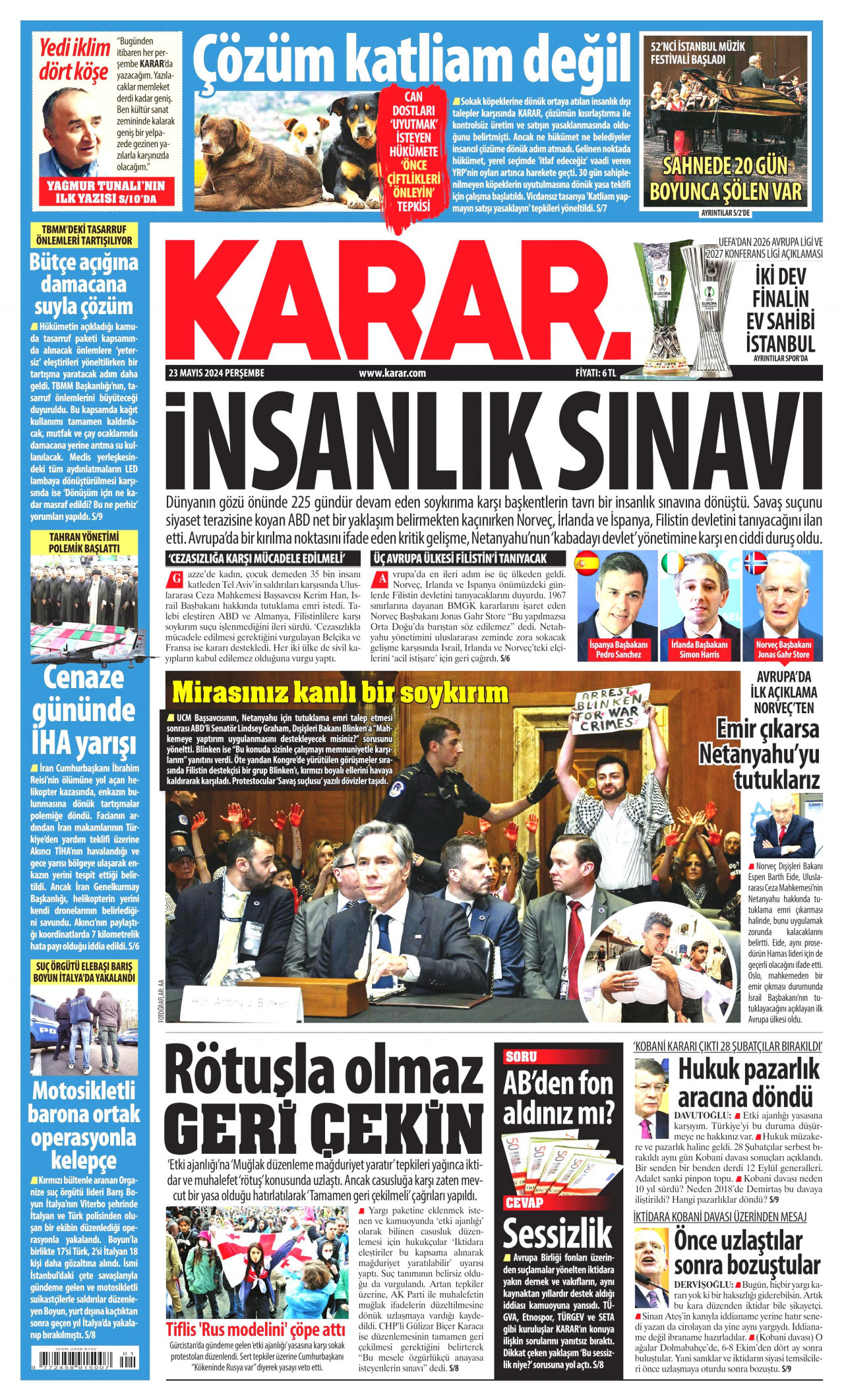 KARAR gazetesinin 23 Mayıs 2024 tarihli birinci sayfası