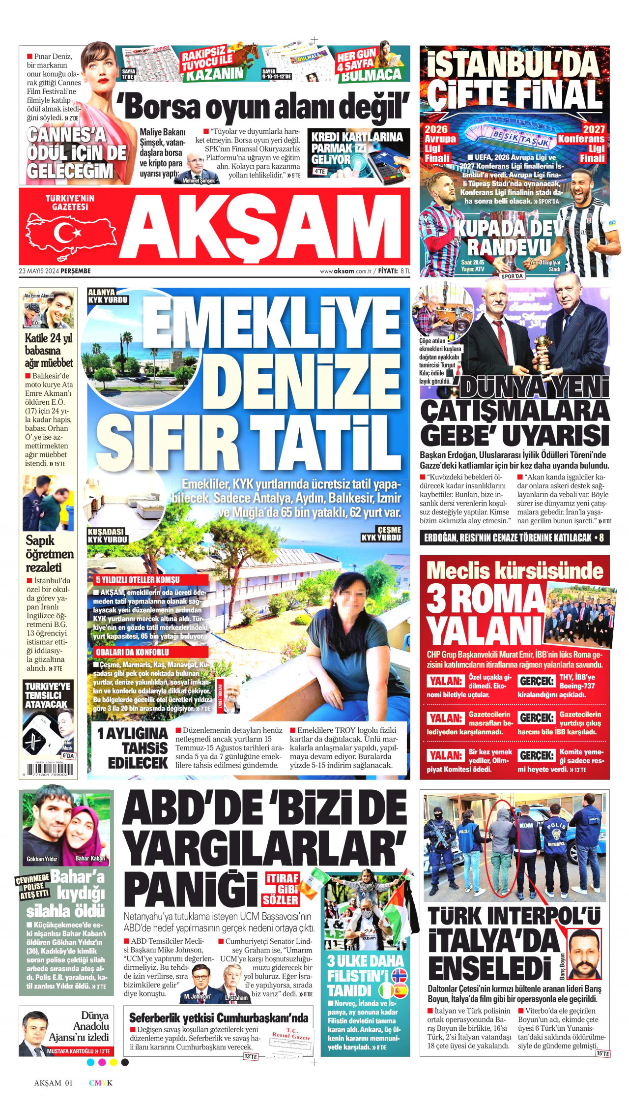 AKŞAM gazetesinin 23 Mayıs 2024 tarihli birinci sayfası