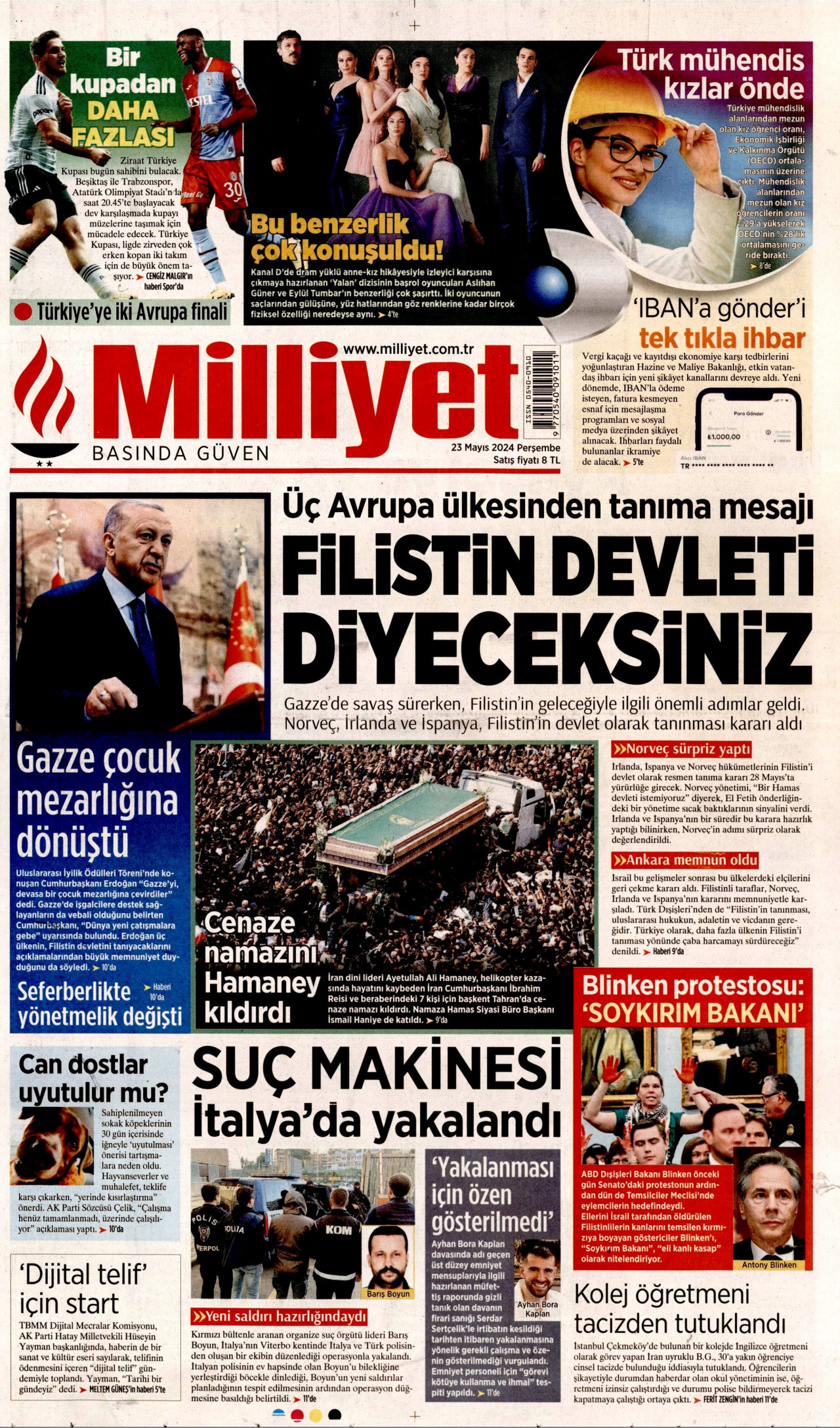 MİLLİYET gazetesinin 23 Mayıs 2024 tarihli birinci sayfası