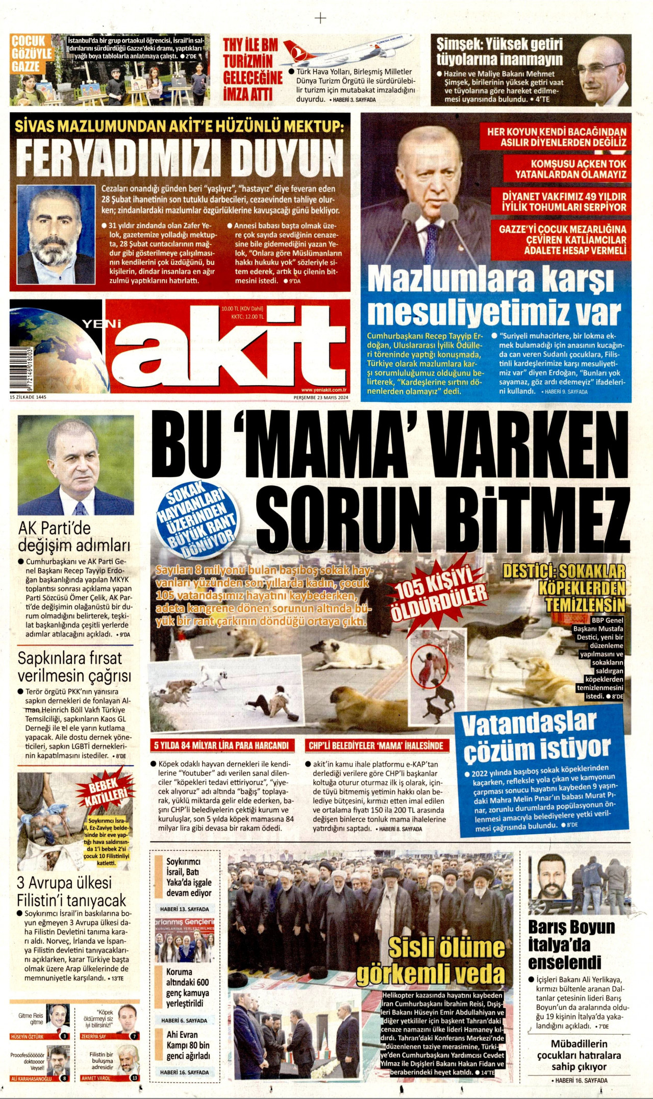 YENİ AKİT gazetesinin 23 Mayıs 2024 tarihli birinci sayfası
