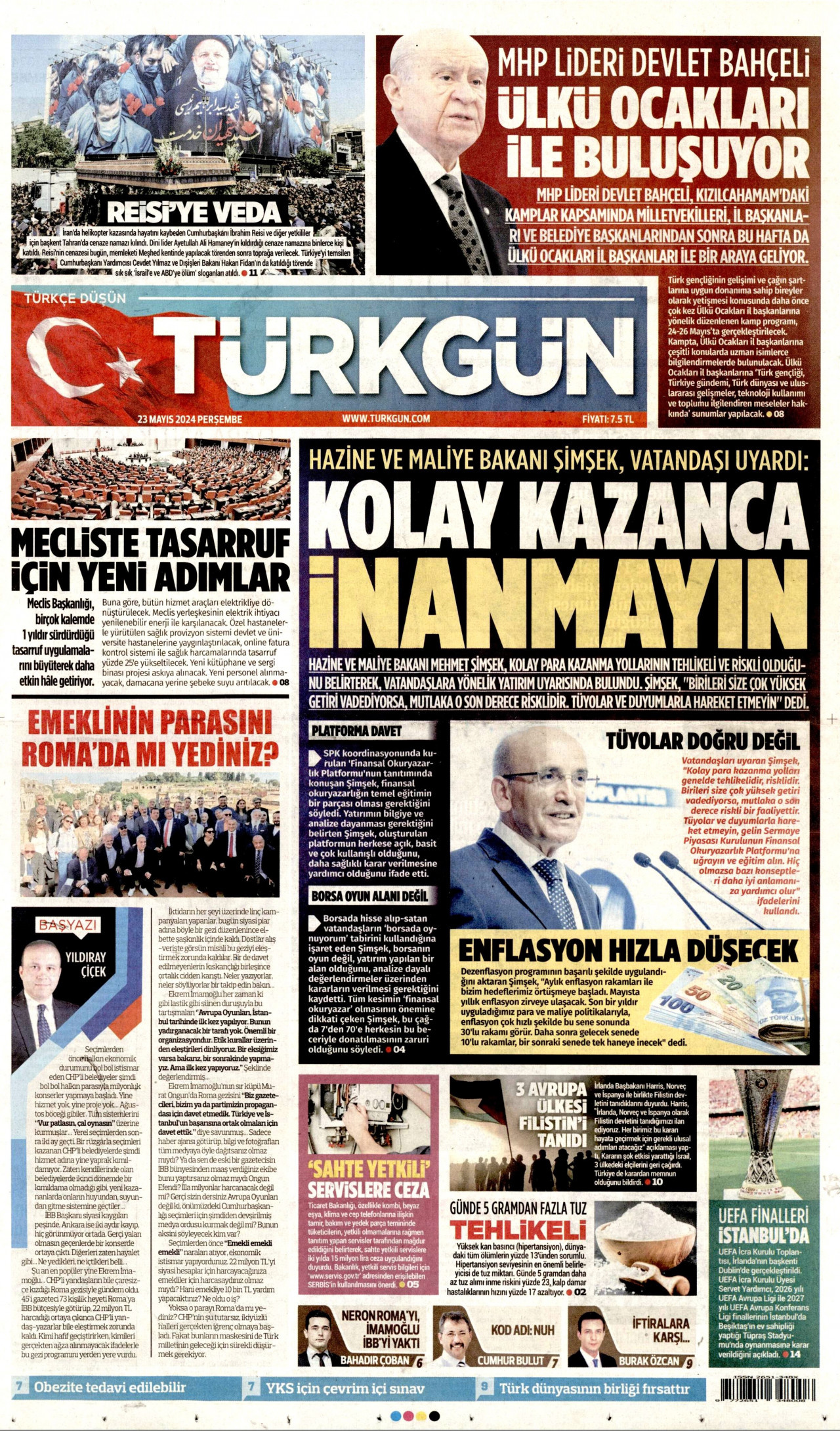 TÜRKGÜN gazetesinin 23 Mayıs 2024 tarihli birinci sayfası