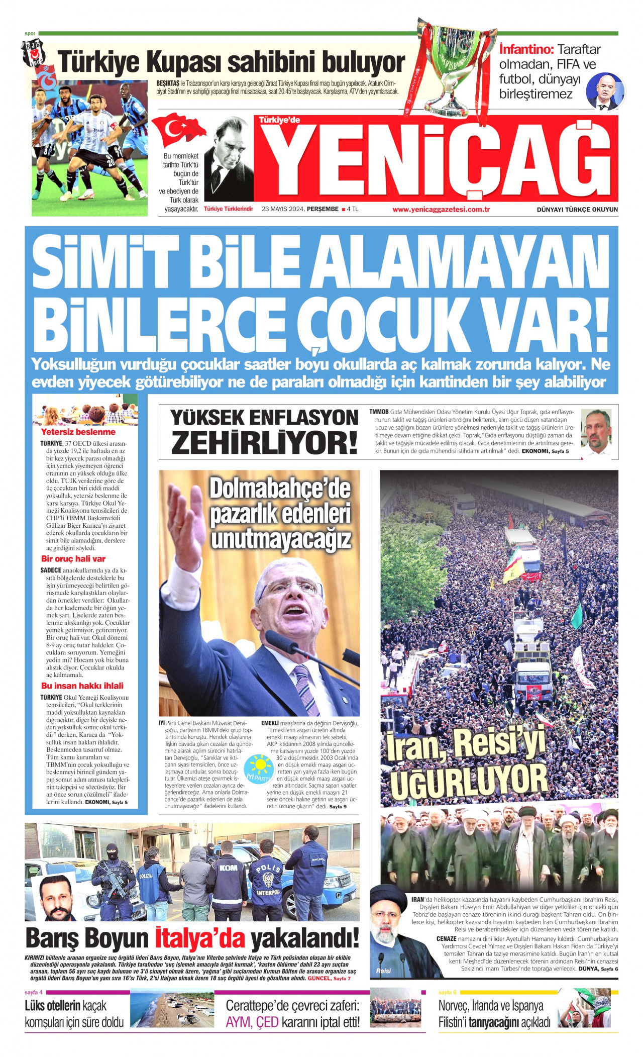 YENİÇAĞ gazetesinin 23 Mayıs 2024 tarihli birinci sayfası