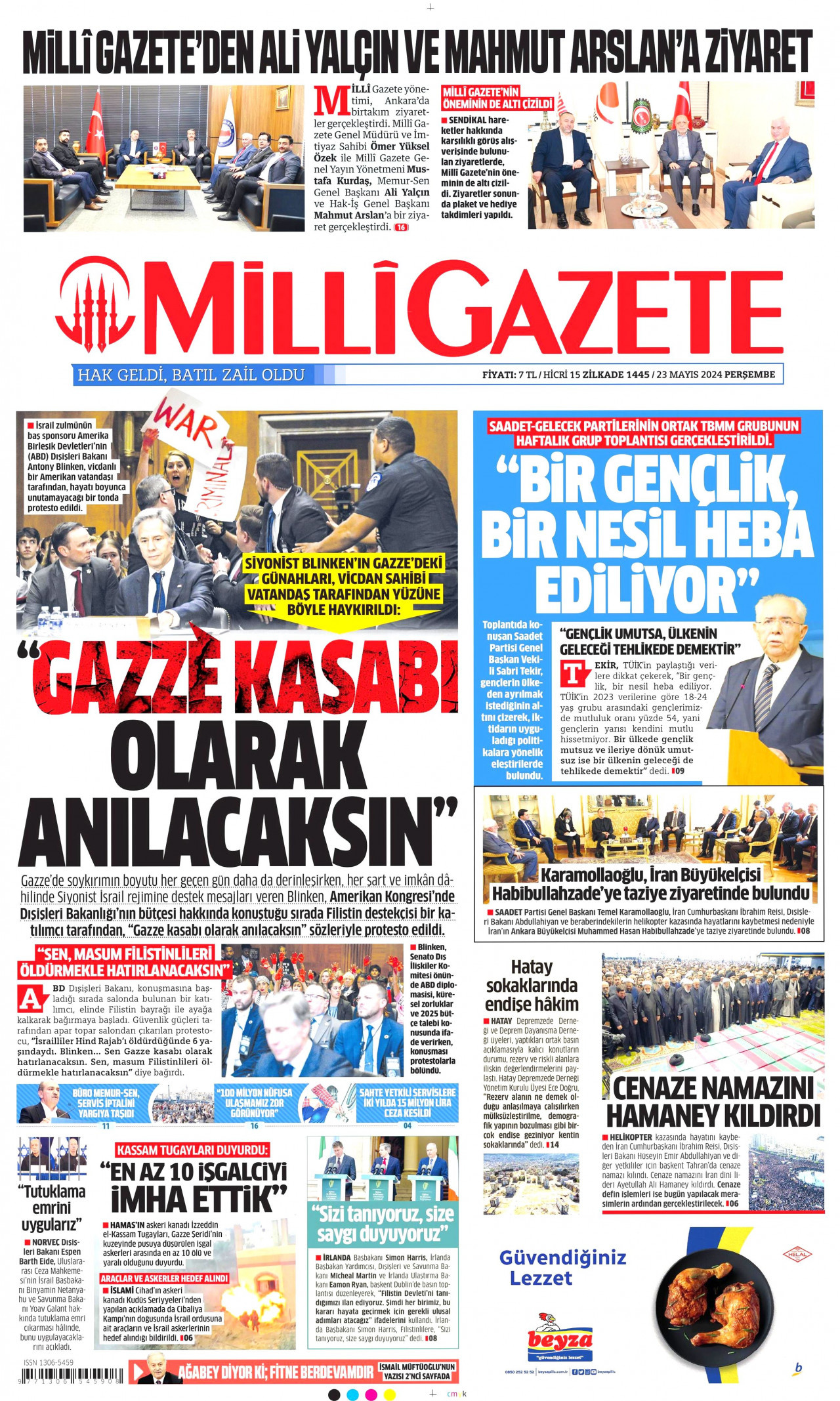 MİLLİ GAZETE gazetesinin 23 Mayıs 2024 tarihli birinci sayfası