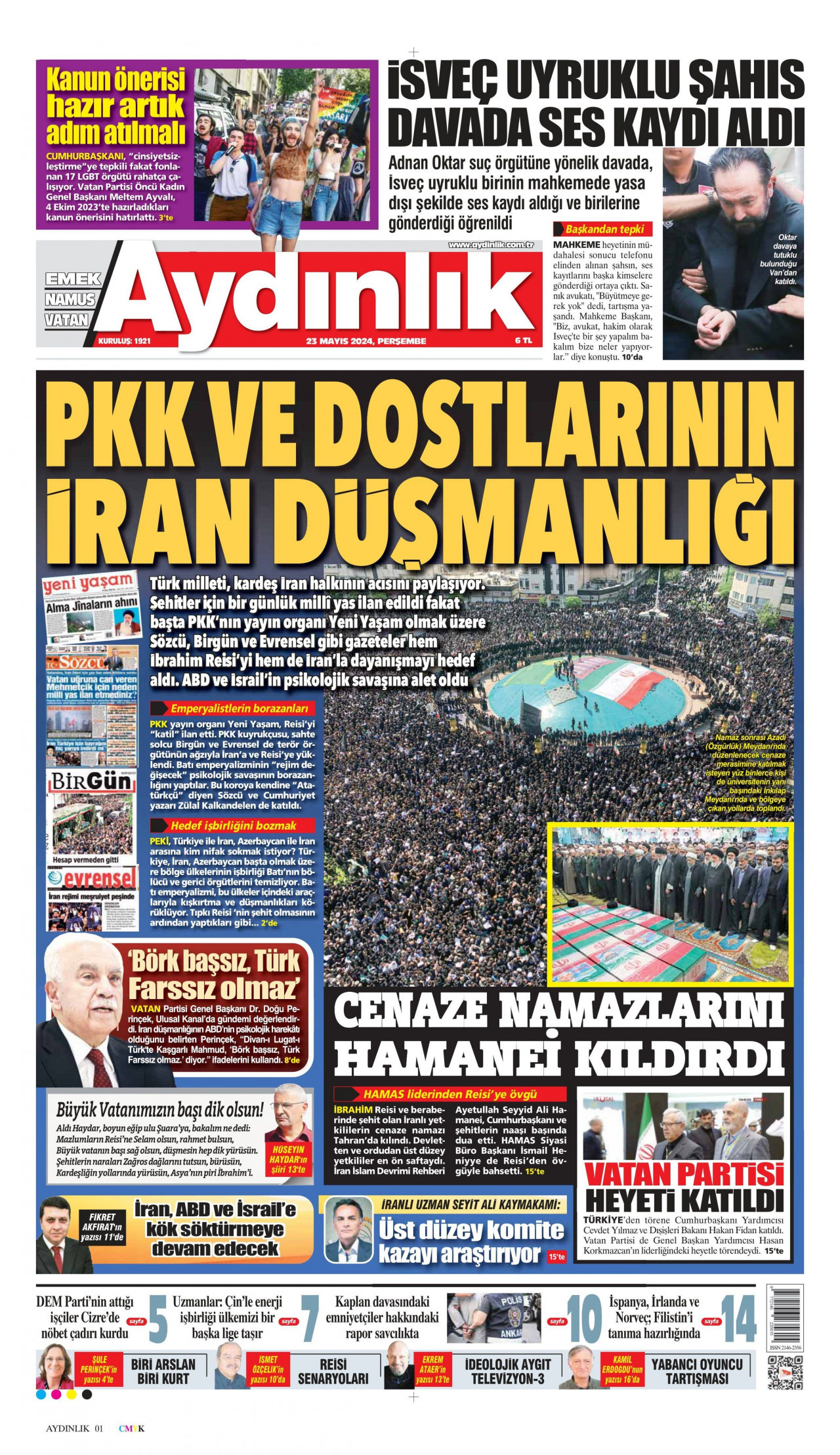 AYDINLIK GAZETESİ gazetesinin 23 Mayıs 2024 tarihli birinci sayfası