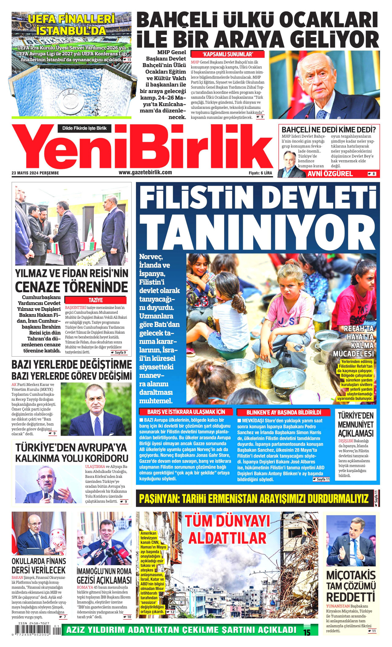 YENİBİRLİK gazetesinin 23 Mayıs 2024 tarihli birinci sayfası