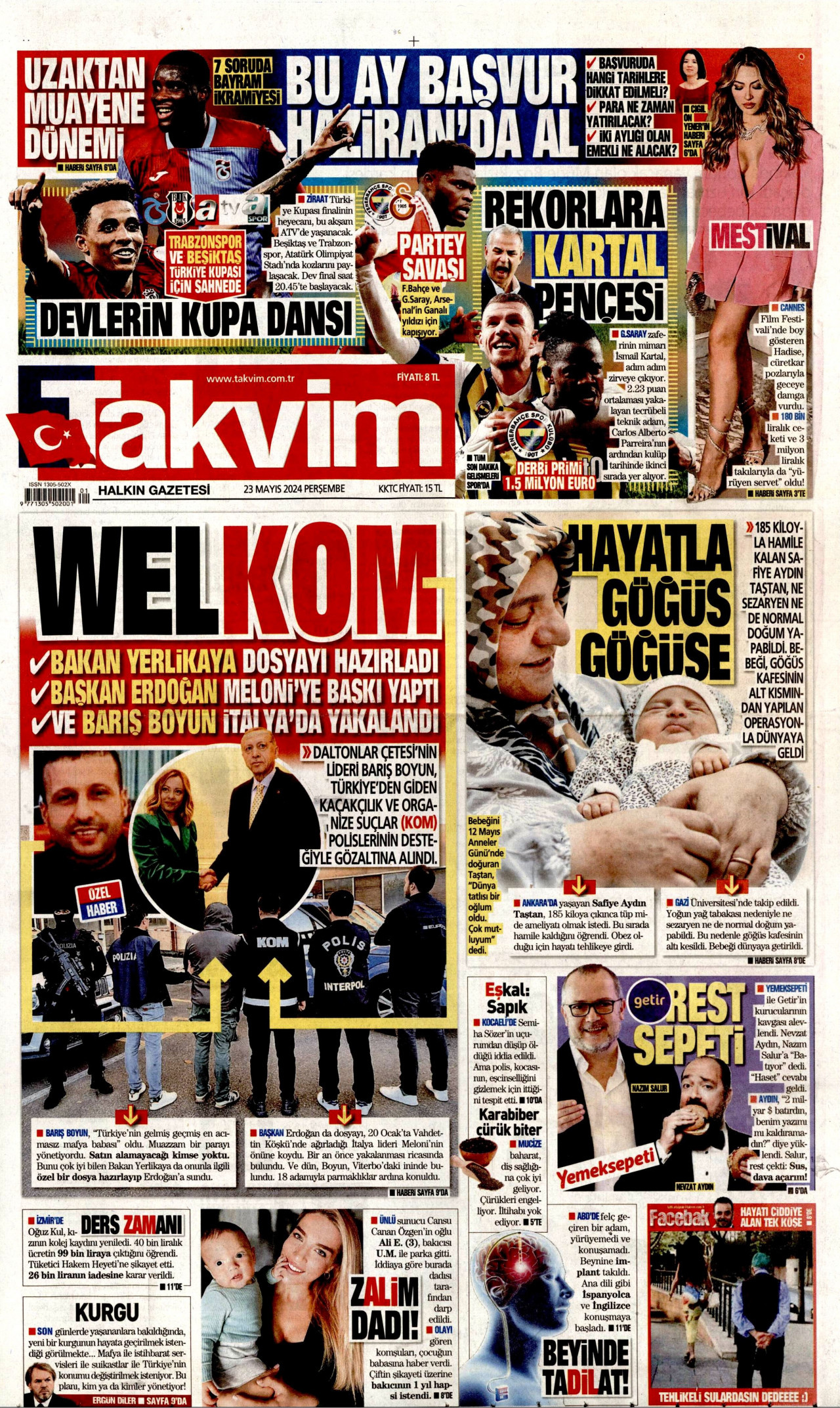 TAKVİM gazetesinin 23 Mayıs 2024 tarihli birinci sayfası
