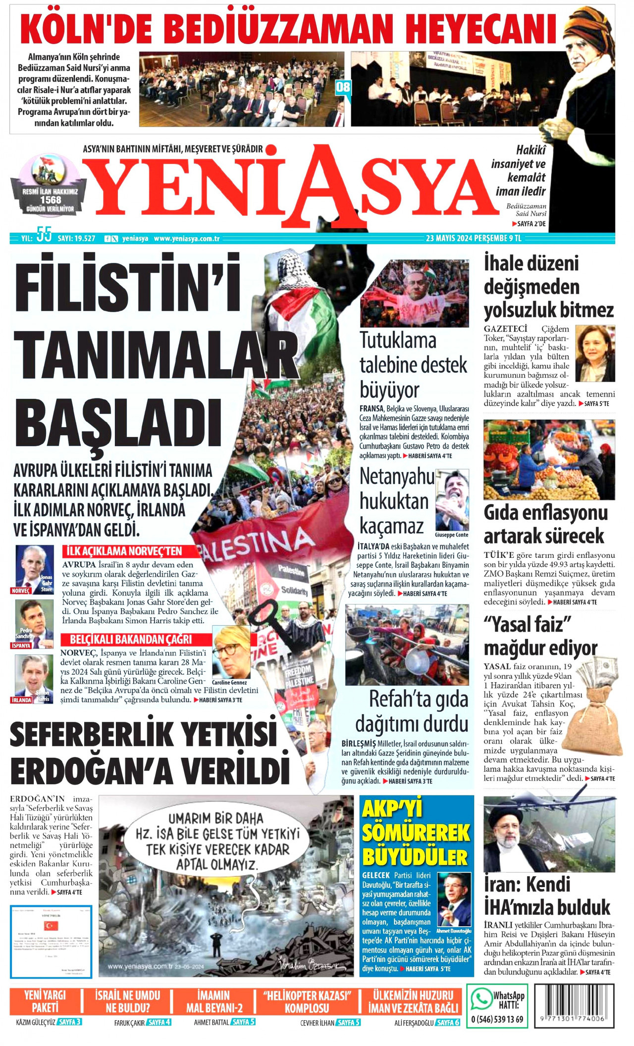 YENİ ASYA gazetesinin 23 Mayıs 2024 tarihli birinci sayfası