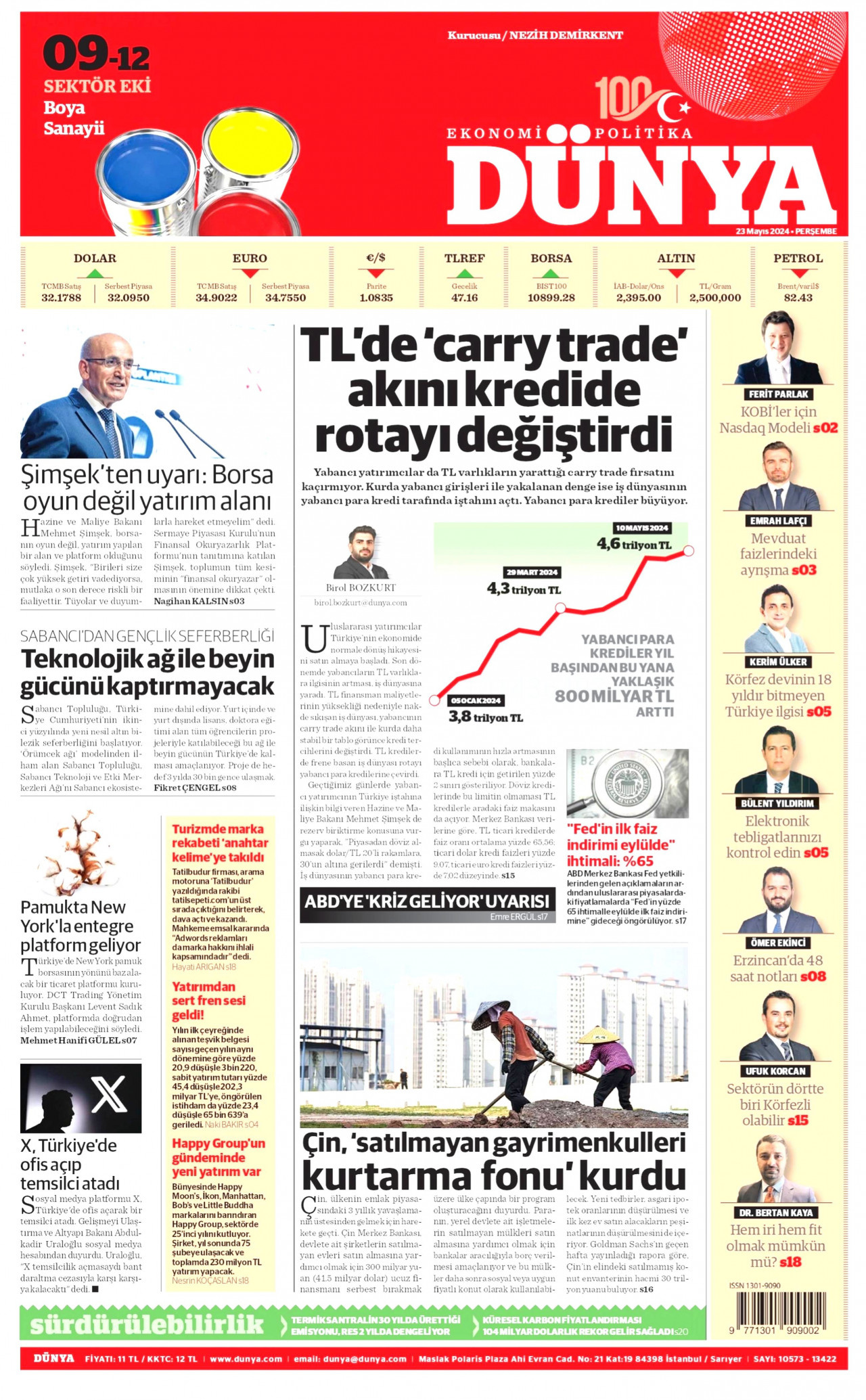 DÜNYA gazetesinin 23 Mayıs 2024 tarihli birinci sayfası