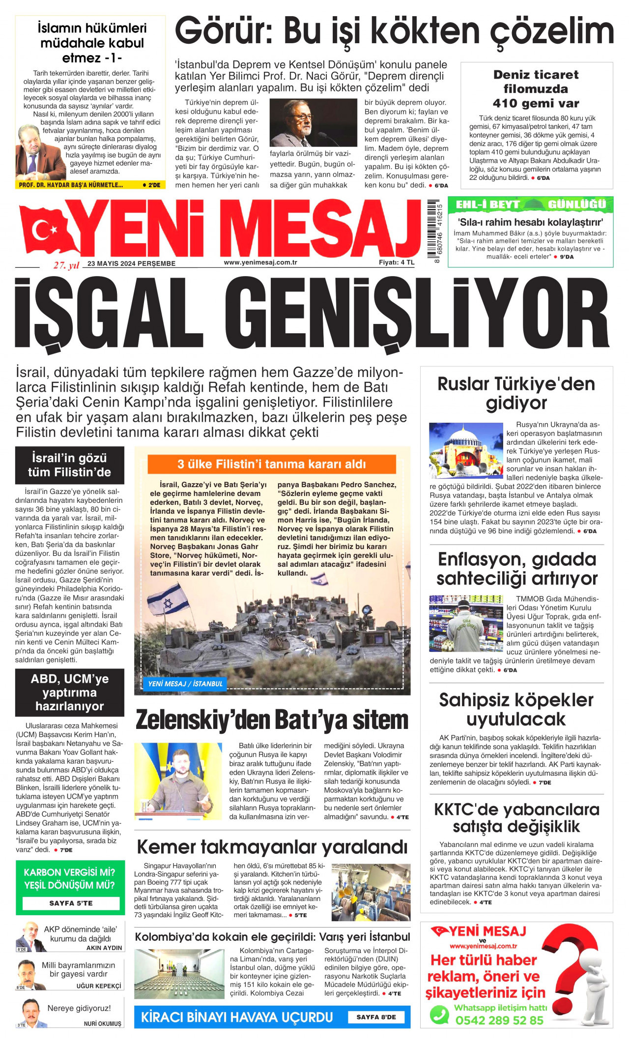 YENİ MESAJ gazetesinin 23 Mayıs 2024 tarihli birinci sayfası