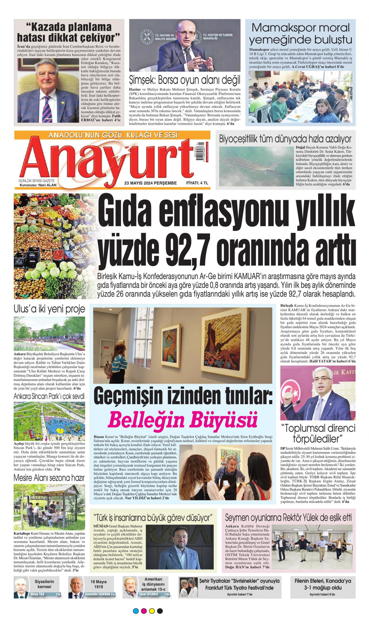 ANAYURT gazetesinin 23 Mayıs 2024 tarihli birinci sayfası