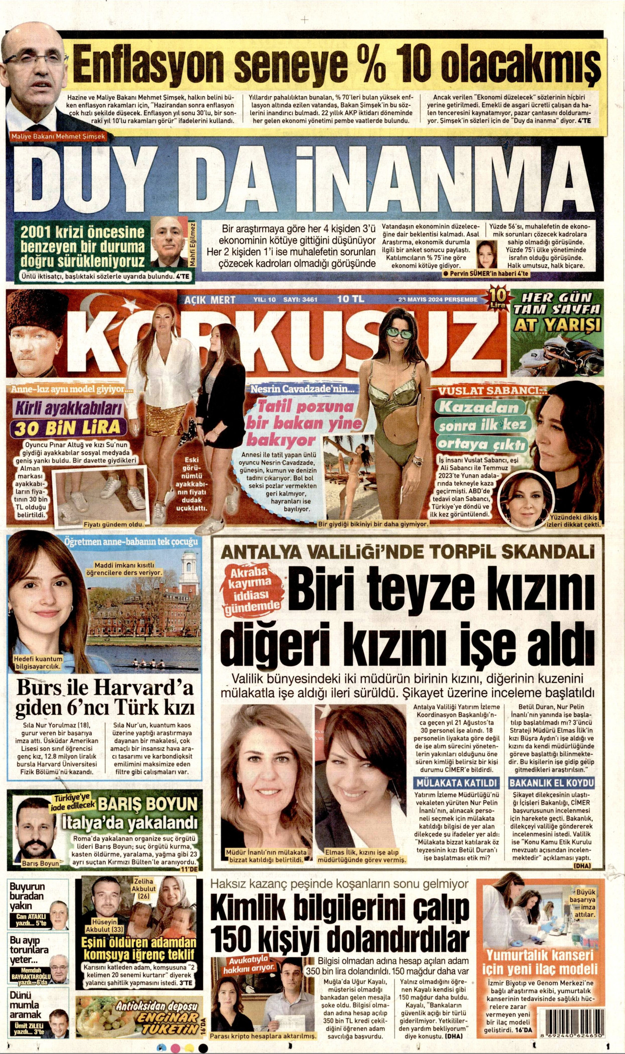 KORKUSUZ gazetesinin 23 Mayıs 2024 tarihli birinci sayfası