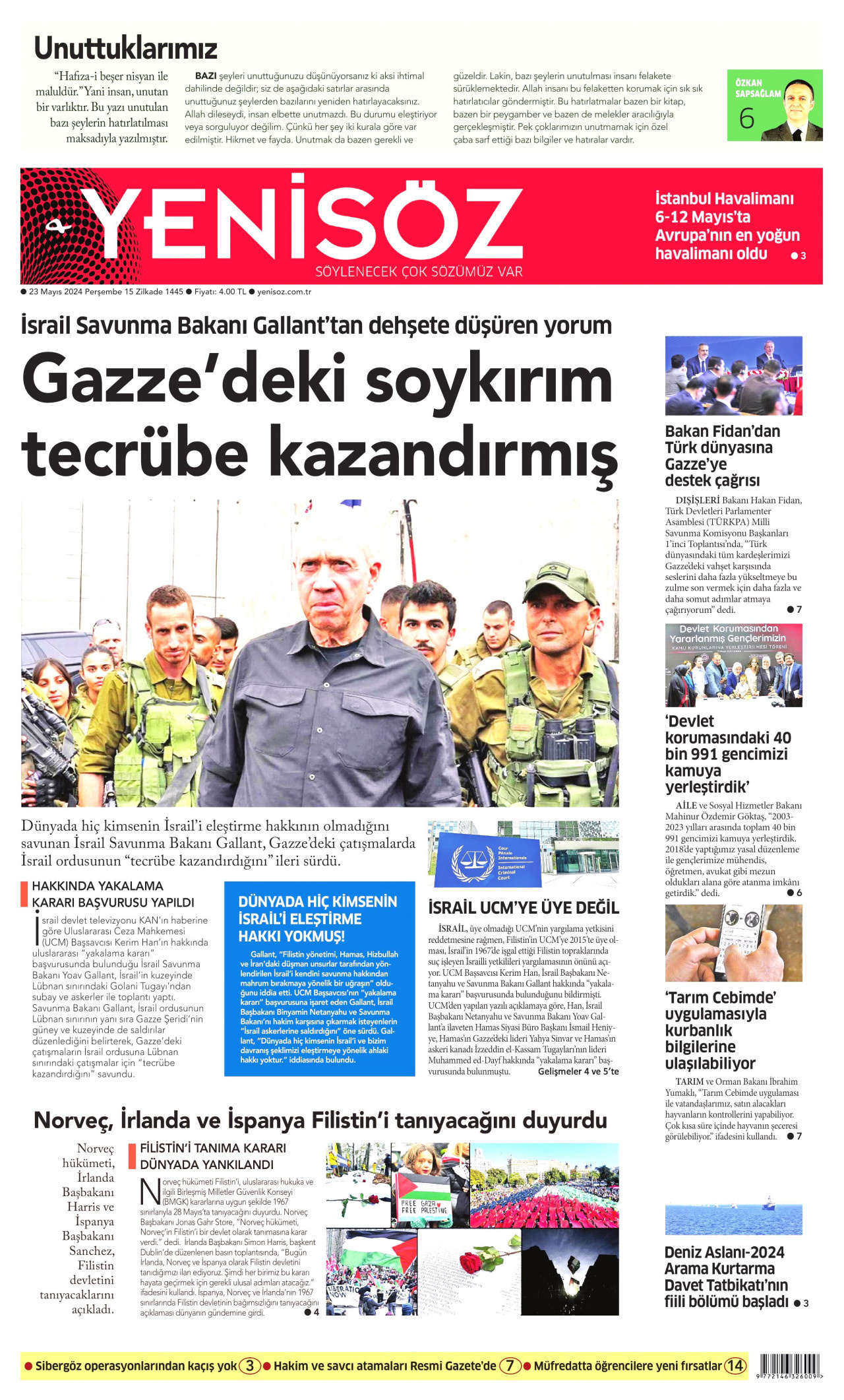 YENİ SÖZ GAZETESİ gazetesinin 23 Mayıs 2024 tarihli birinci sayfası