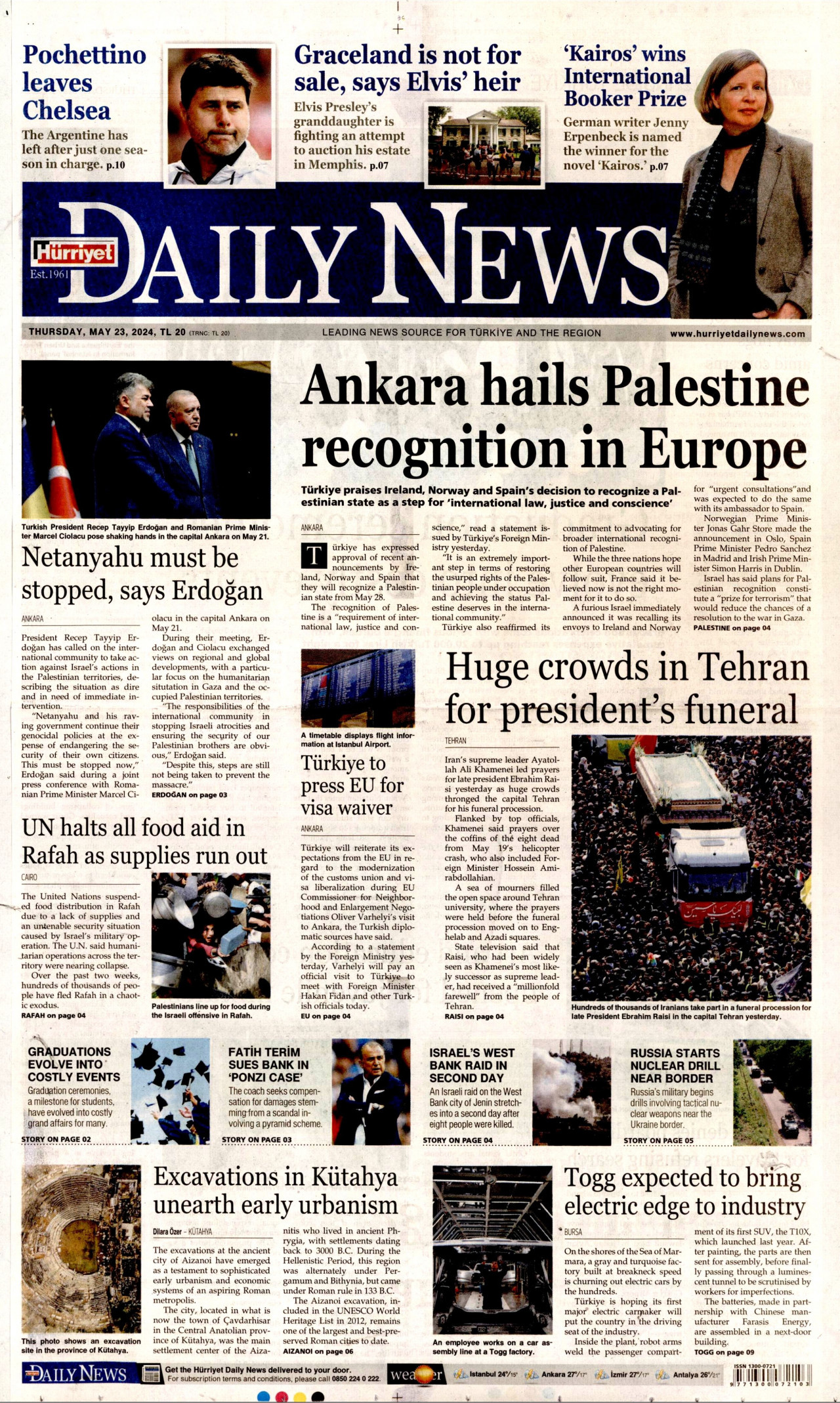HÜRRİYET DAİLY NEWS gazetesinin 23 Mayıs 2024 tarihli birinci sayfası