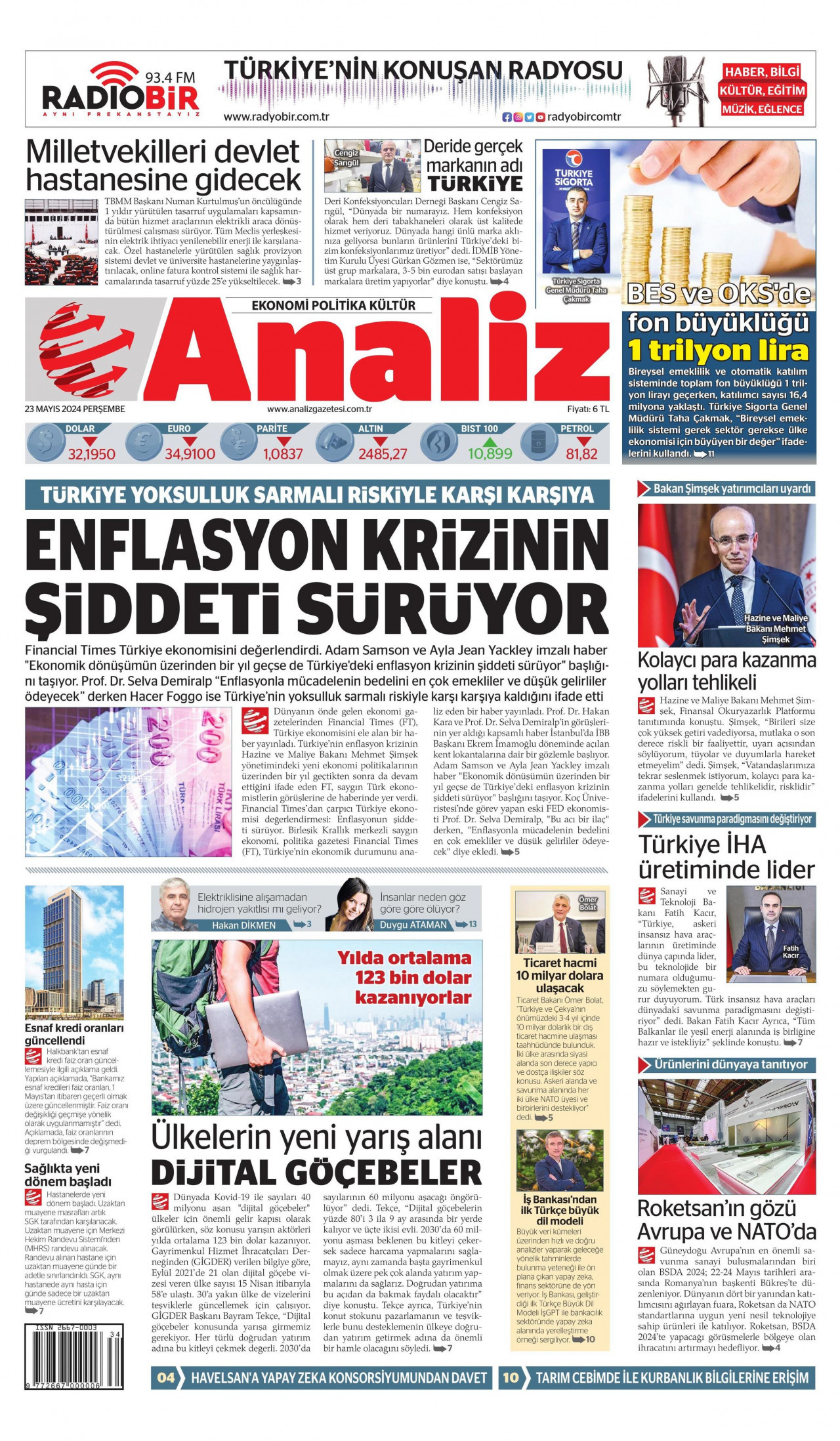 ANALİZ gazetesinin 23 Mayıs 2024 tarihli birinci sayfası